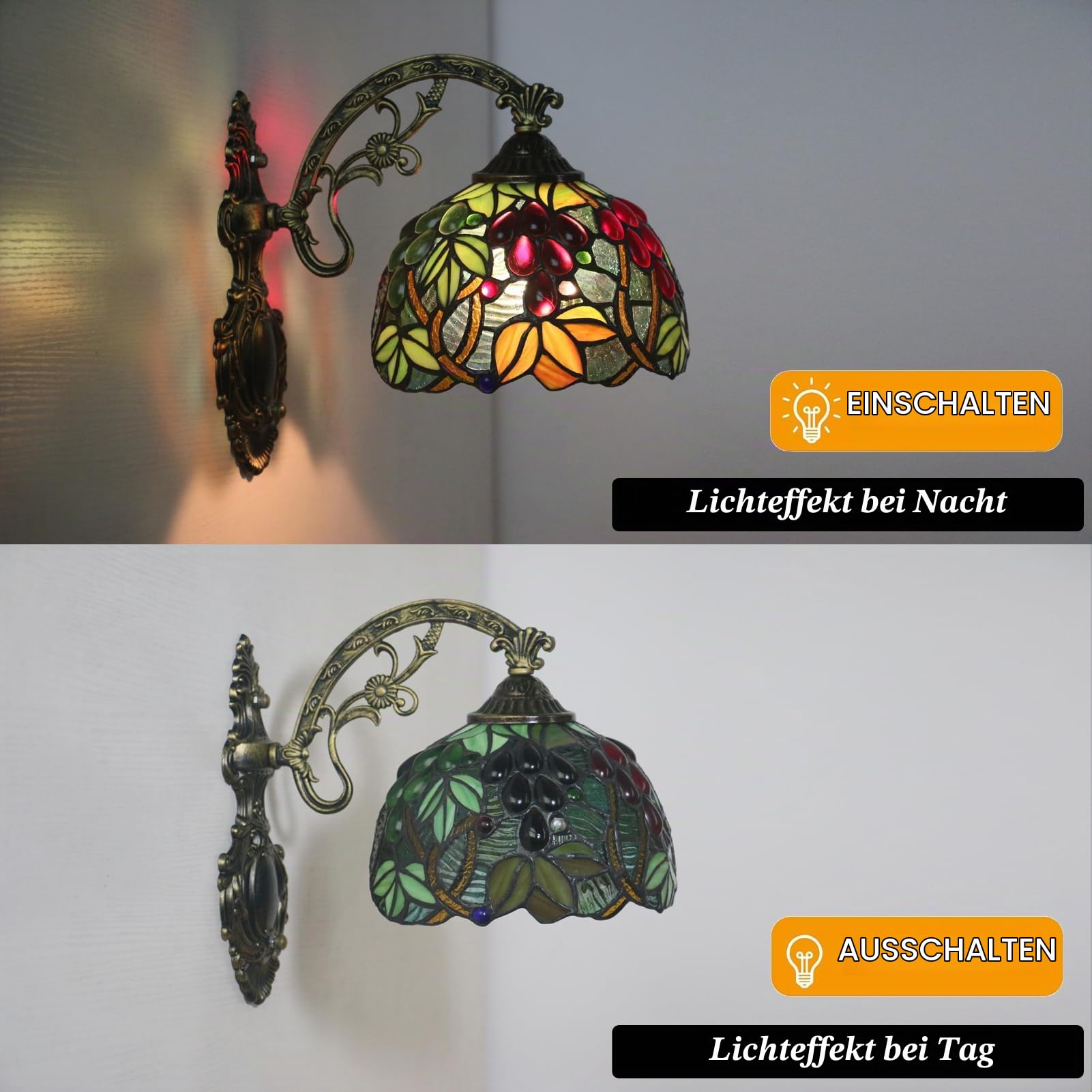 Wandleuchten, Tiffany Wand Lampe mit 8 Zoll Lampenschirm aus Buntglas und Gestell aus Metall, Wandlampen Vintage Wand Licht für Innen Wohnzimmer Korridor Treppen Flur, Grape