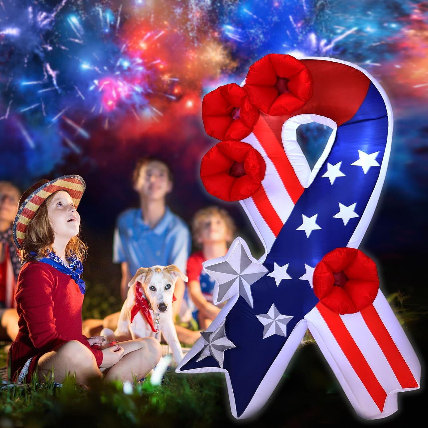 5 Ft Memorial Day American Flag Inflatables Decoration with LED Lights Patriotic Ribbon Inflatable Yard Decor Stars and Stripes Blow up Decoration for Outdoor Indoor Yard Garden Decor