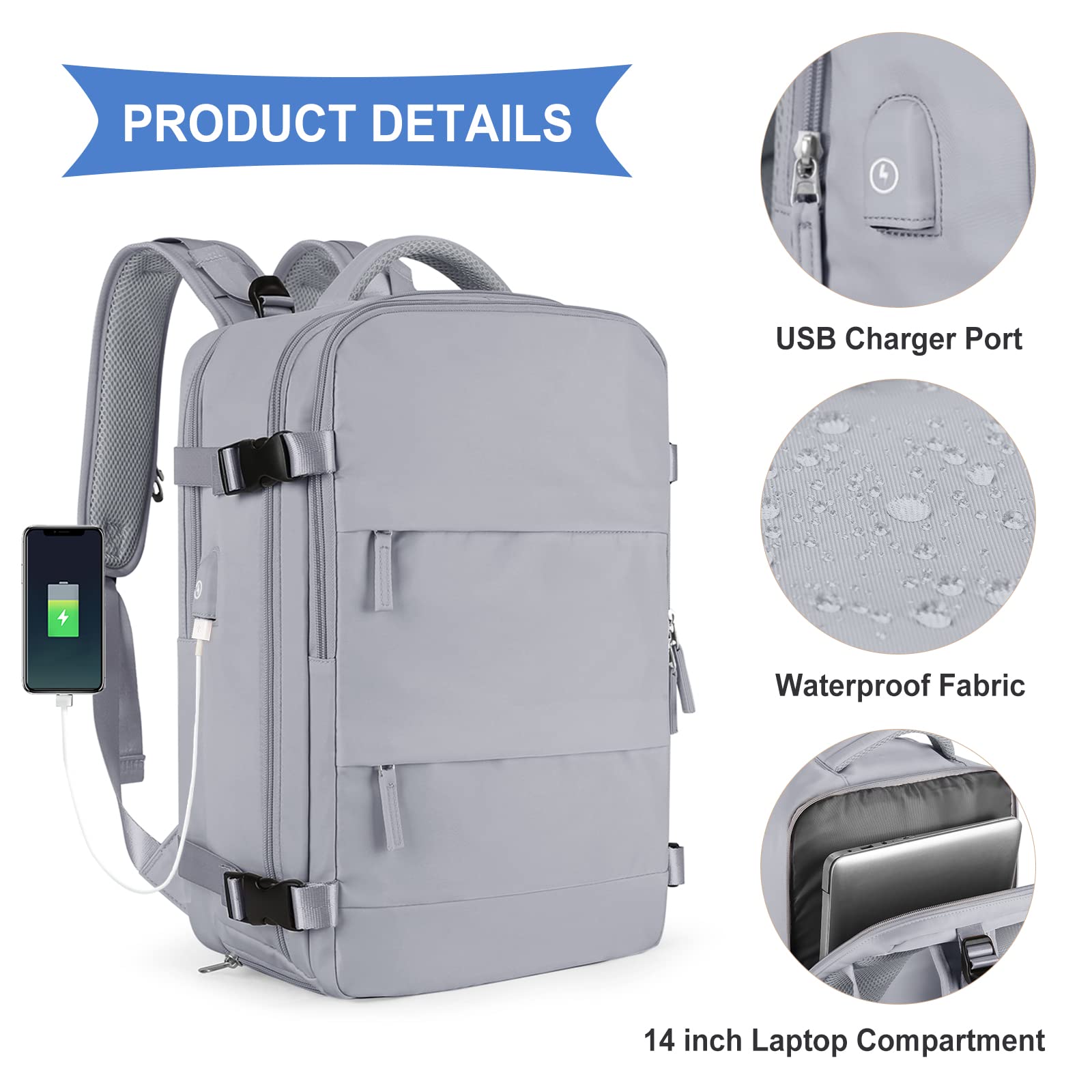 BJLFS Borse da Cabina per Ryanair 40x20x25 Bagaglio a Mano Zaino Borsa Zaino da Viaggio, Zaino da trekking,Zaino Easyjet 45x36x20,Zaino Casual per laptop da 14 pollici per scuola