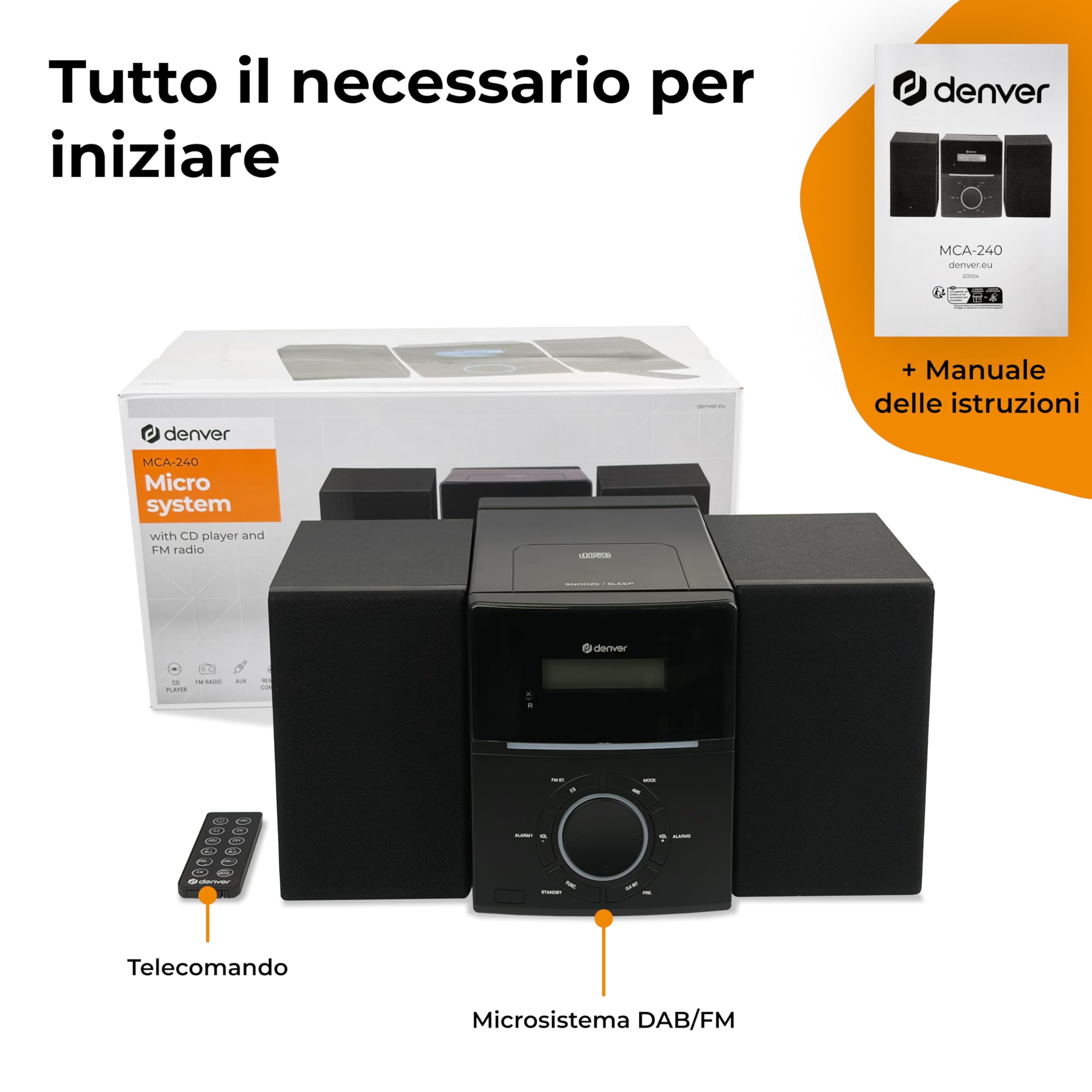 Denver MCA-240 – Impianto stereo casa con lettore CD HiFi, radio FM, sveglia doppia, AUX, telecomando incluso – Mini stereo compatto per casa