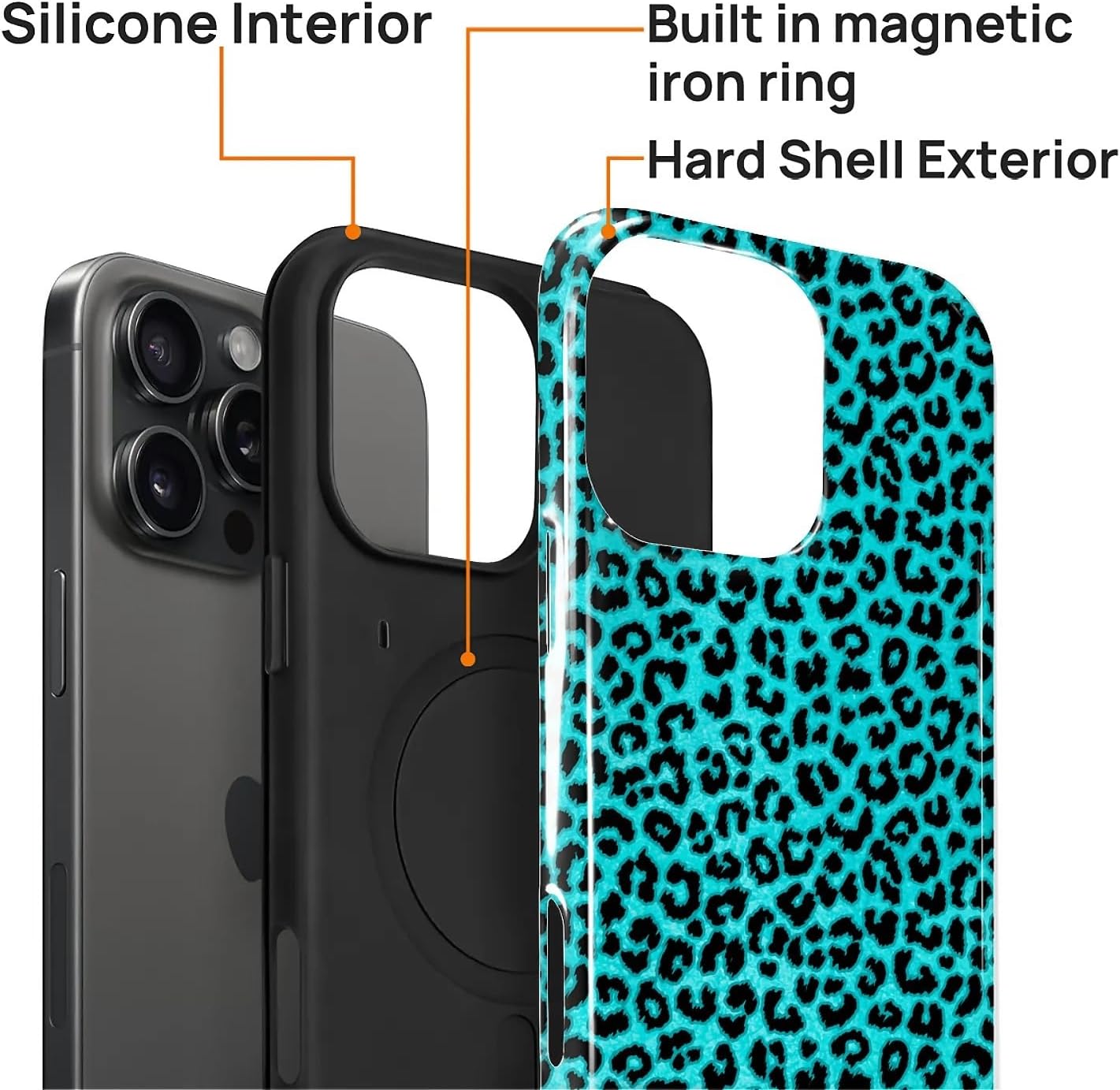 Magnetic for iPhone 16 Pro Case,[Compatible with Magsafe] Dual Layer Protective Heavy Duty Shockproof Rugged Drop Protection Bumper Hybrid Case - Blue Leopard Print Pattern image 2