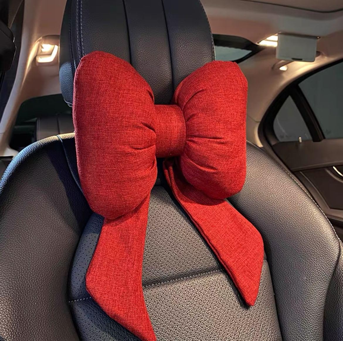 Nexusglow Girls Red Car Neck Pillow Cute Bow Tie Car Neck Pillow For Driving Plush Headrest Cervical Support, Neck Cushion For Home, Chair And Car Interior Decoration,