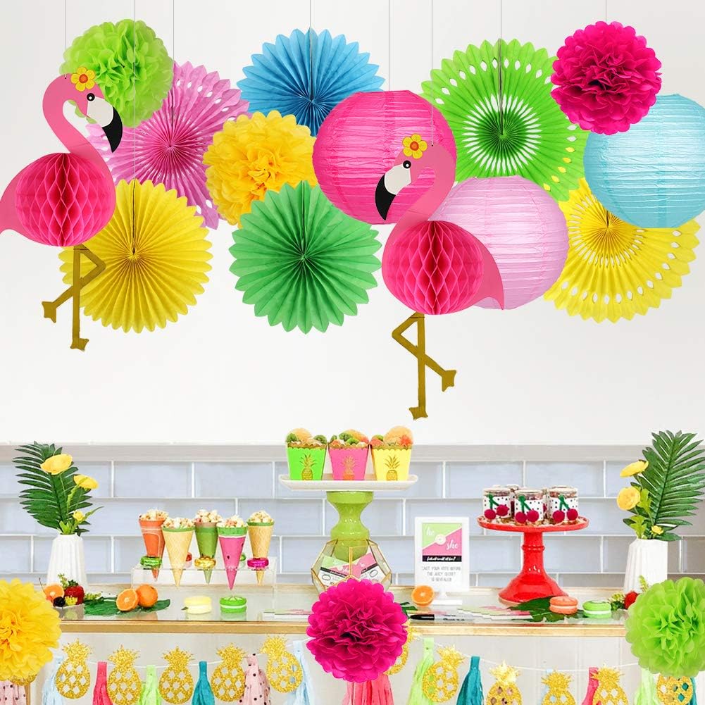 zilue Flamingo Party Decorations Hawaiian Party Supplies Flamingo Honeycomb Ball Paper Lanterns Tissue Paper Fan for Luau Tropical Birthday Party Summer Decor