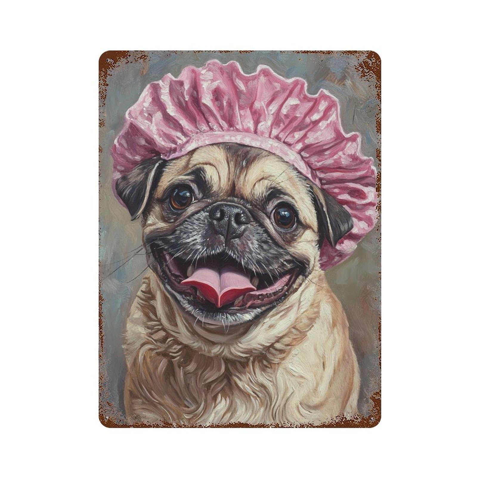 Adorable Pug in Pink Hat Decorative Tin Sign 15.7"x11.8", for Bistro, Counter And Cafe Decor, Novelty Wall Decor
