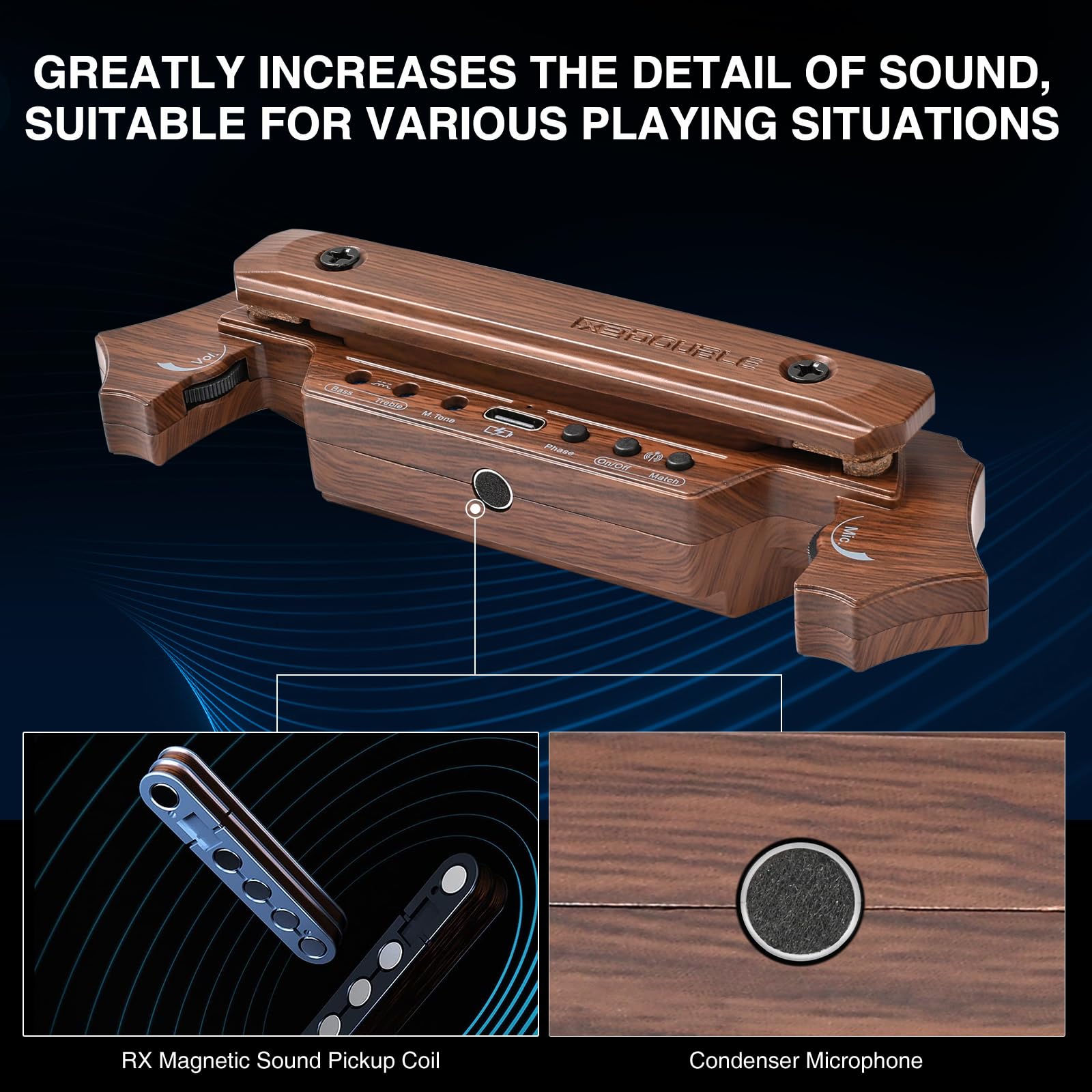 Pastilla inalámbrica para guitarra acústica, recargable, magnética y micrófono para guitarra acústica, control de volumen integrado (grano de madera)
