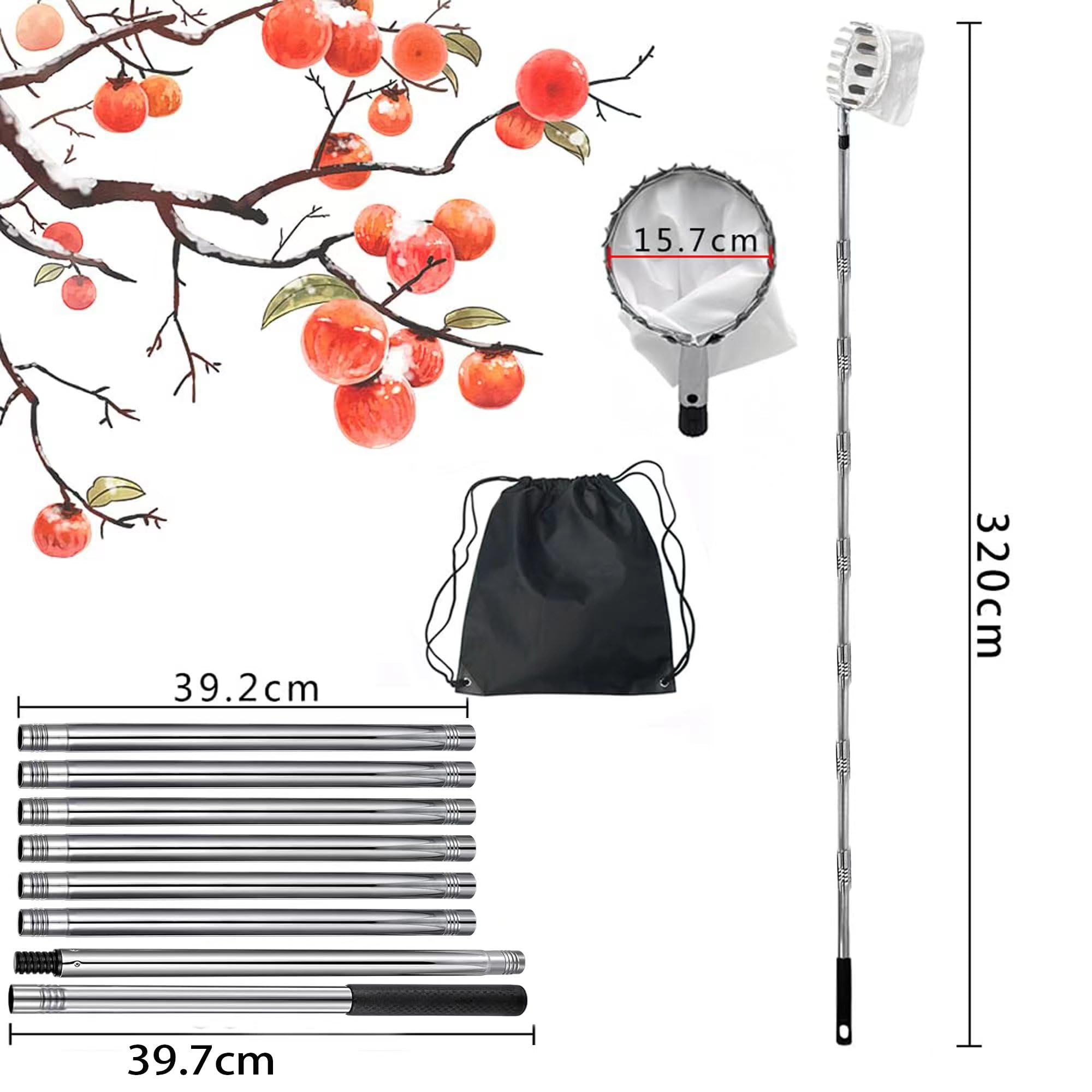 DELORM Poteau De Cueillette De Fruits Avec Panier Récupérateur De Fruits Extensible Léger En Acier Inoxydable Et Outil De Cueillette De Fruits Avec Poignée Télescopique Pour Poire Pêche Grenade