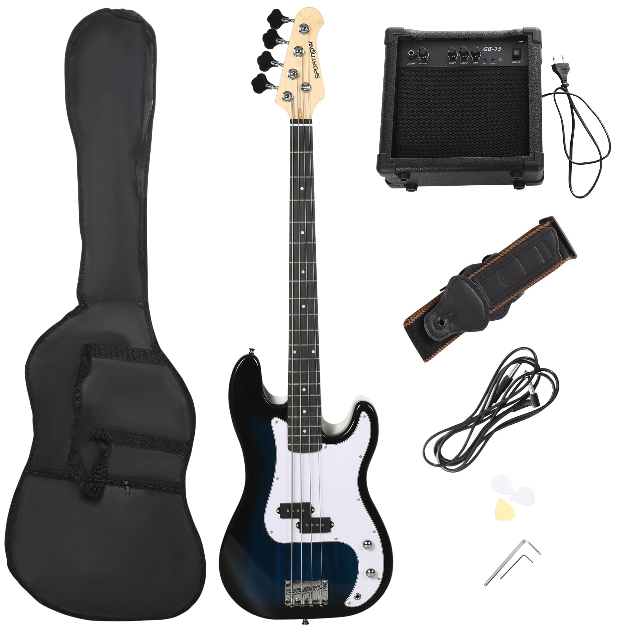 Sportnow Blue 4 String Full Size Electric Bass Guitar For Beginner With Amp,