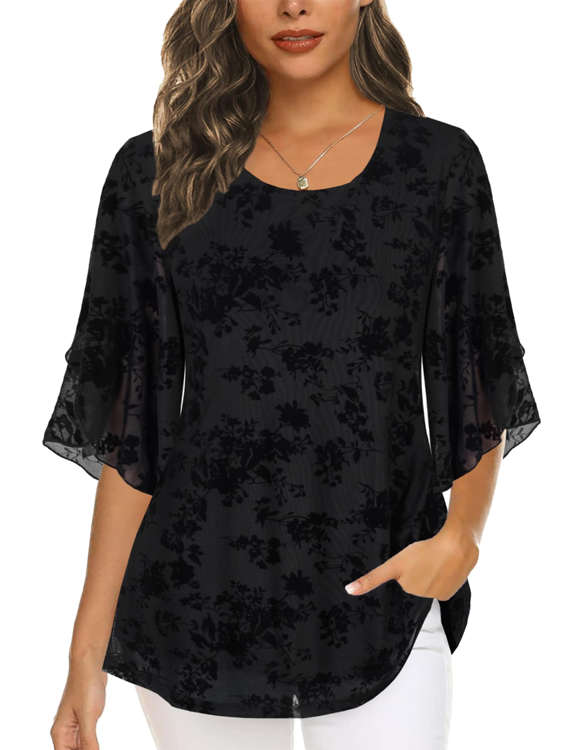 Timuspo Damen Chiffon Tunika Lässig Rundkragen Große Größen Halbärmel Bluse Top Sommer Loose Fit