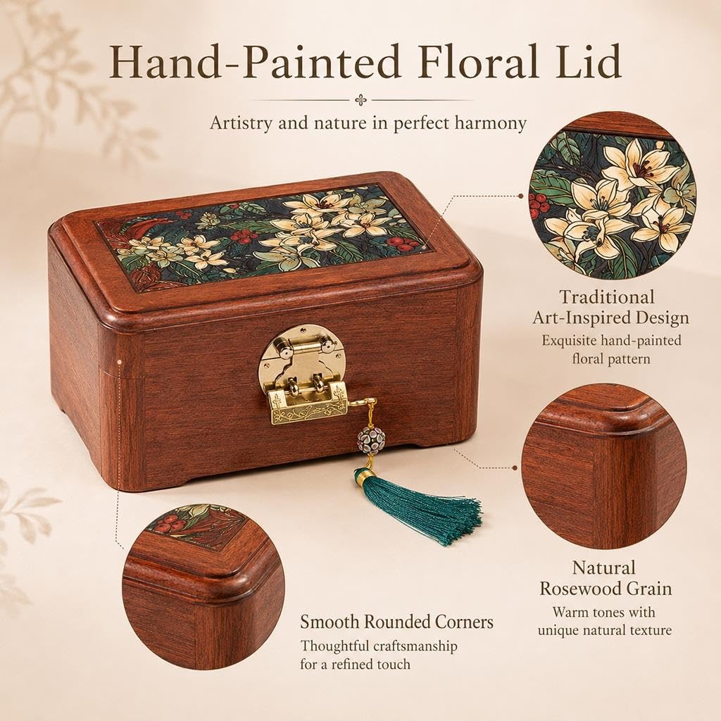 Portagioie In Legno Vintage Con Coperchio Floreale Dipinto A Mano