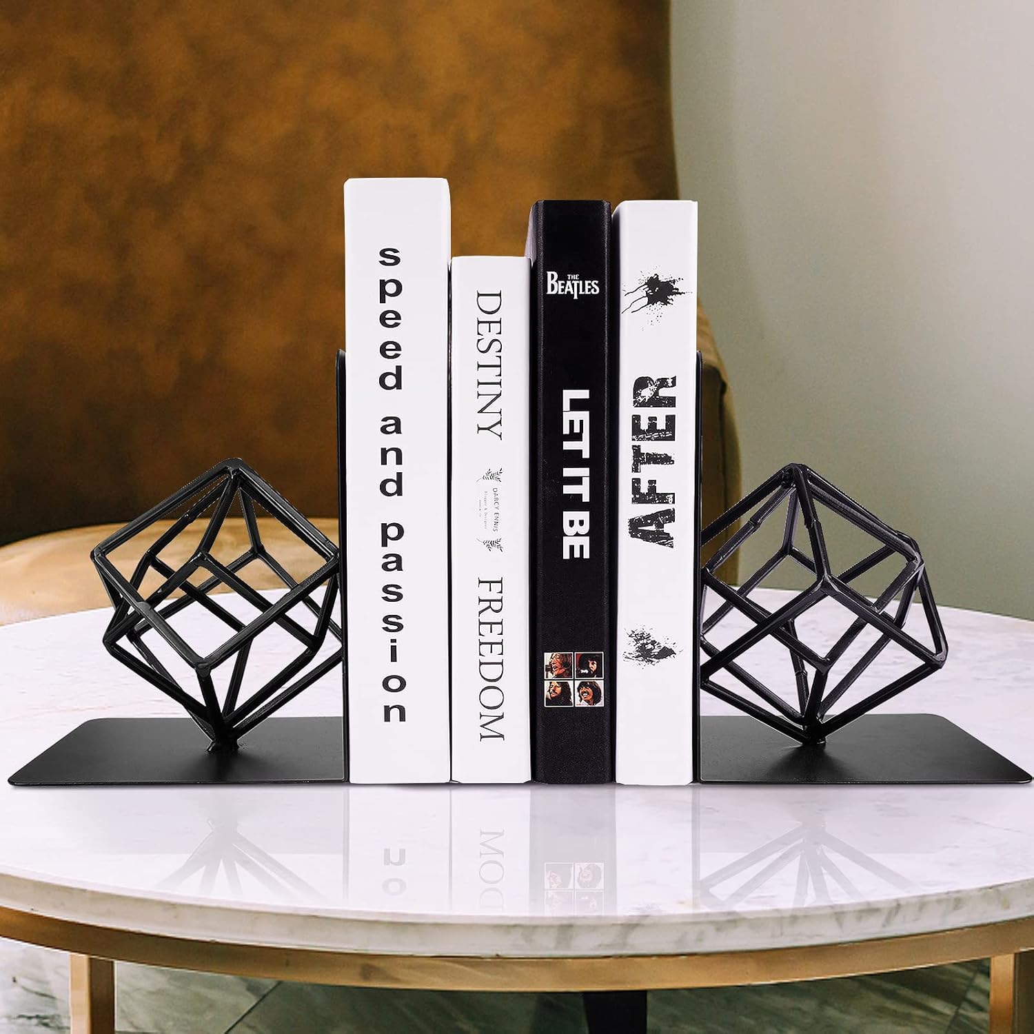 Bookends Decorative Book End Black Metal Heavy Duty Art Bookend Unique Geometric Book Ends Book Stopper to Hold Books Modern Holder Bookshelf Decor, Home, Office or Kitchen Shelves Reader Love Gift