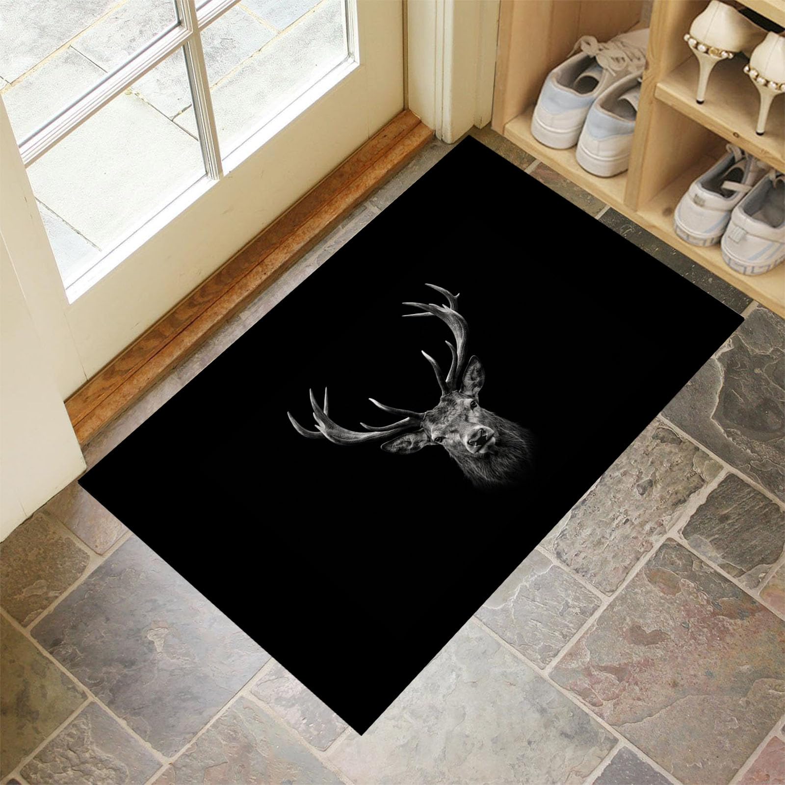 Zerbino Ingresso Interno Semplice Renna Bianca E Nera, Zerbino Di Benvenuto Lavabile Morbida Animali Eleganti, Antiscivolo Tappeto Da Decorazioni Grigio Antracite Per Casa Porta, 90X150Cm