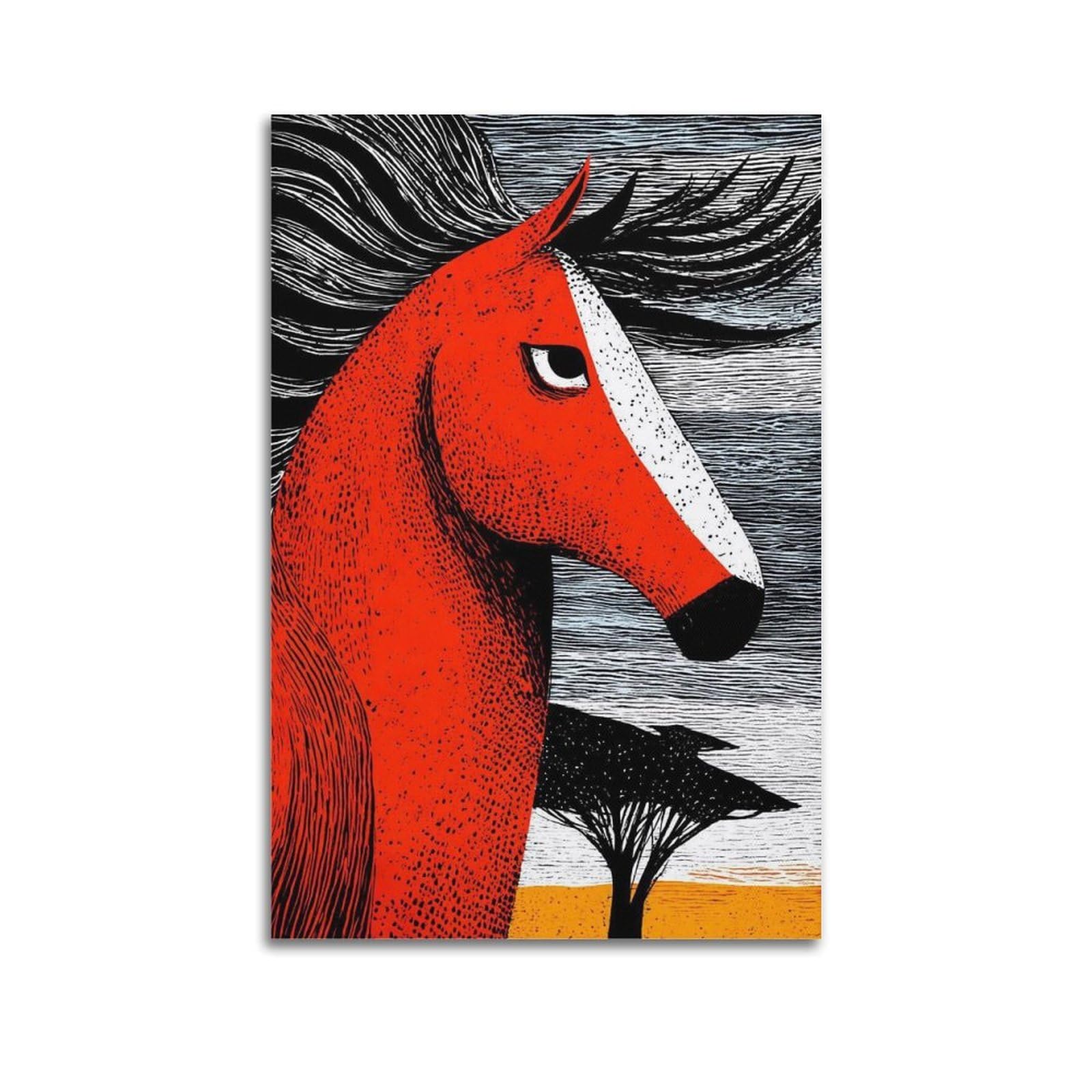Xkuga Boys Unframe-Style Abstract Poster Horse Red Equine Portrait Folk Style Modern Decorative Canvas Prints - Ideal Wall Art For Family, Man Cave, Game Room, & Girls Bedroom 20X30inch(50X75cm)