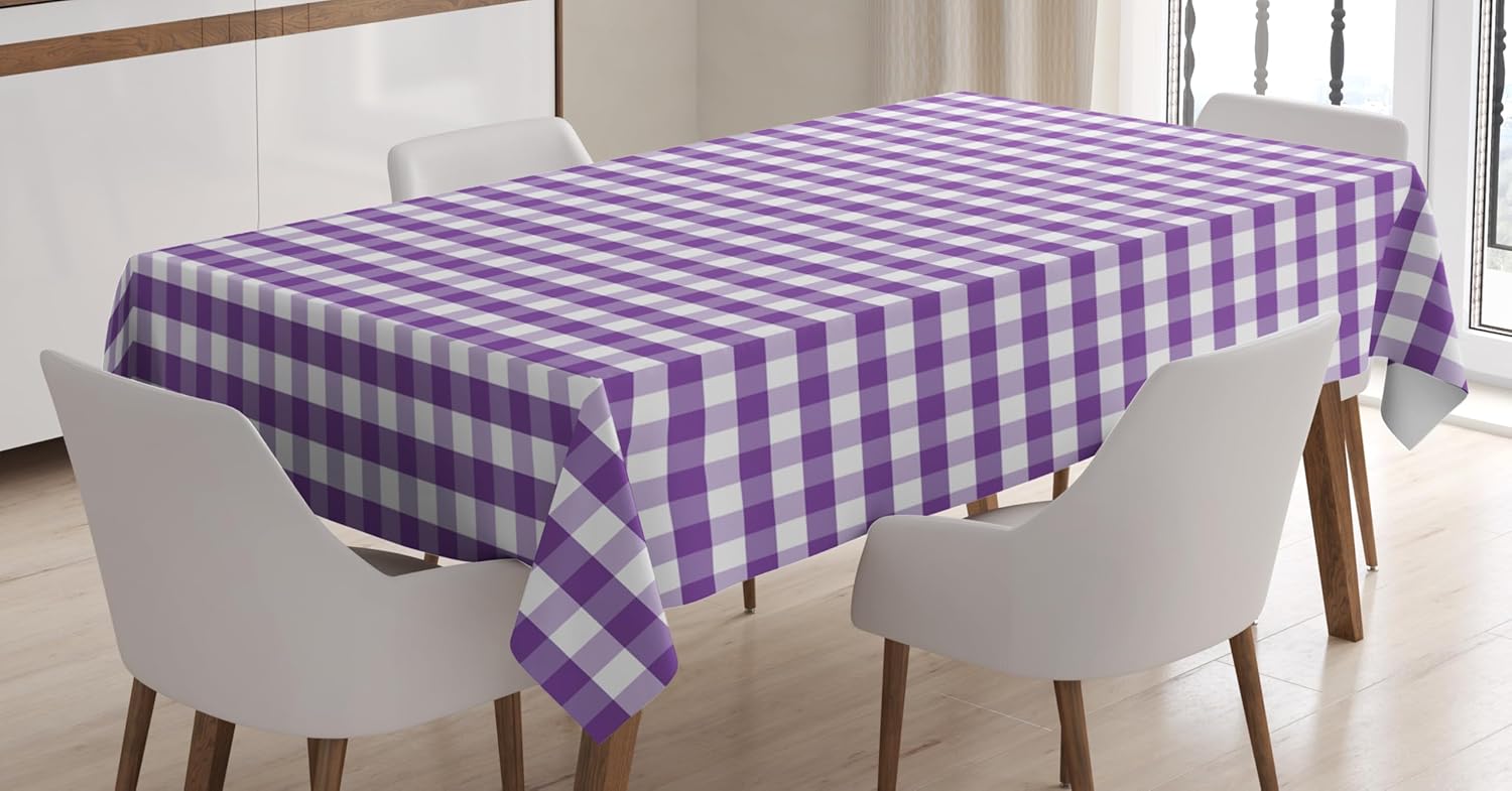 Ambesonne Checkered Tablecloth, Purple and White Colored Gingham Checks Rows Picnic Theme Vintage Style Print, Rectangular Table Cover for Dining Room Kitchen Decor, 60" X 90", Purple White