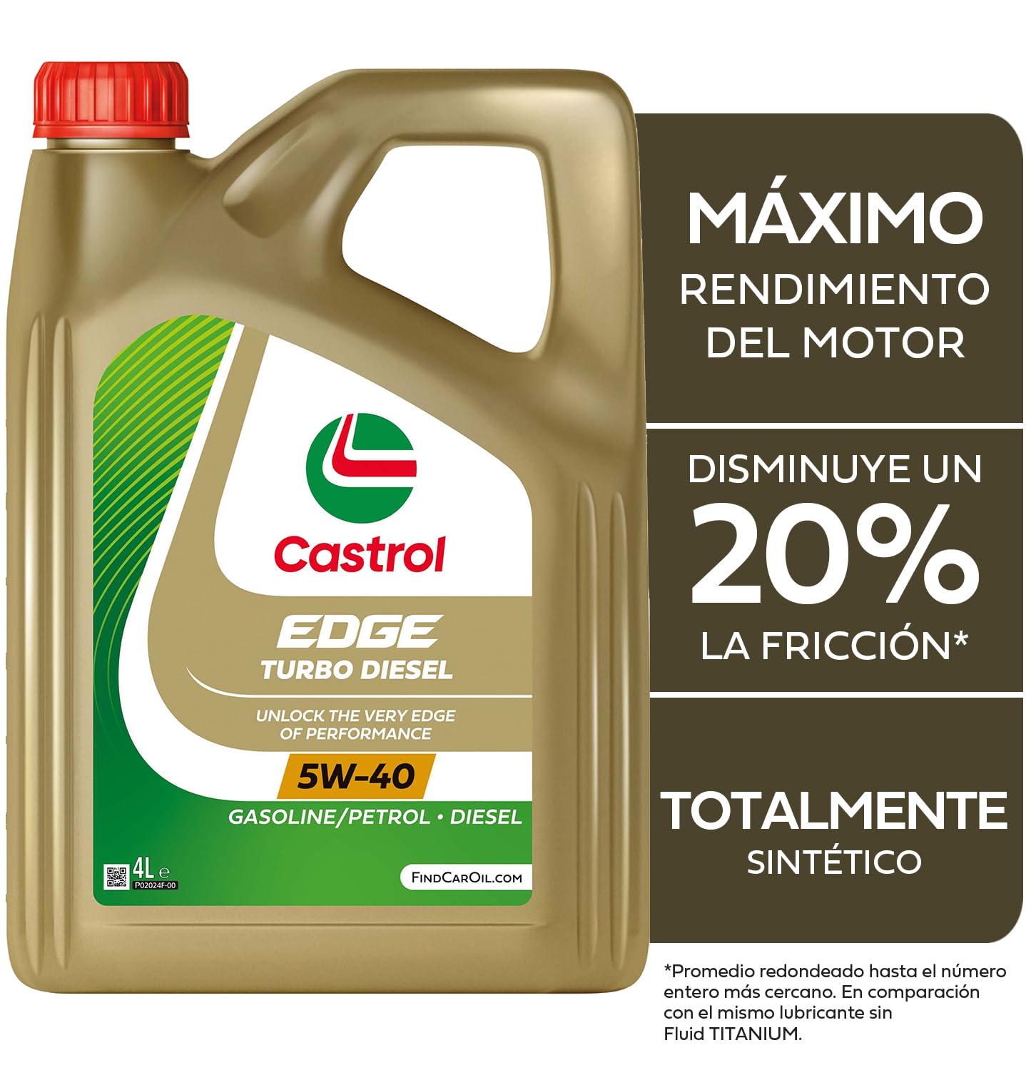Castrol EDGE Turbo Diesel 5W-40, Aceite de Motor Avanzado Sintético, Cumple con las Especificaciones ACEA C3 y API SN/CF, 4L