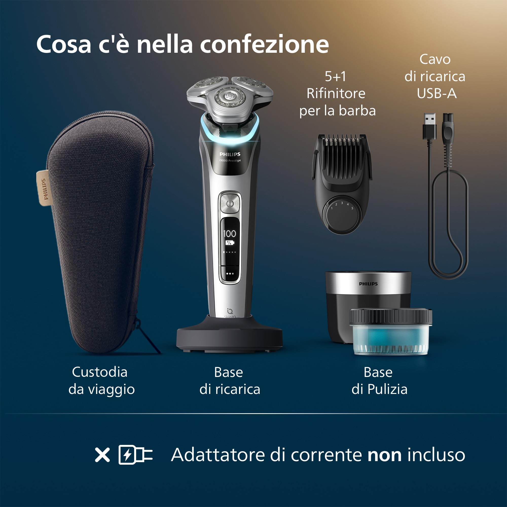 Philips Shaver i9000 Prestige, rasoio elettrico Wet & Dry, tecnologia Skin IQ, triplo sistema di sollevamento e taglio, doppie lame in acciaio di precisione 360°, styler per barba, modello XP9204/33