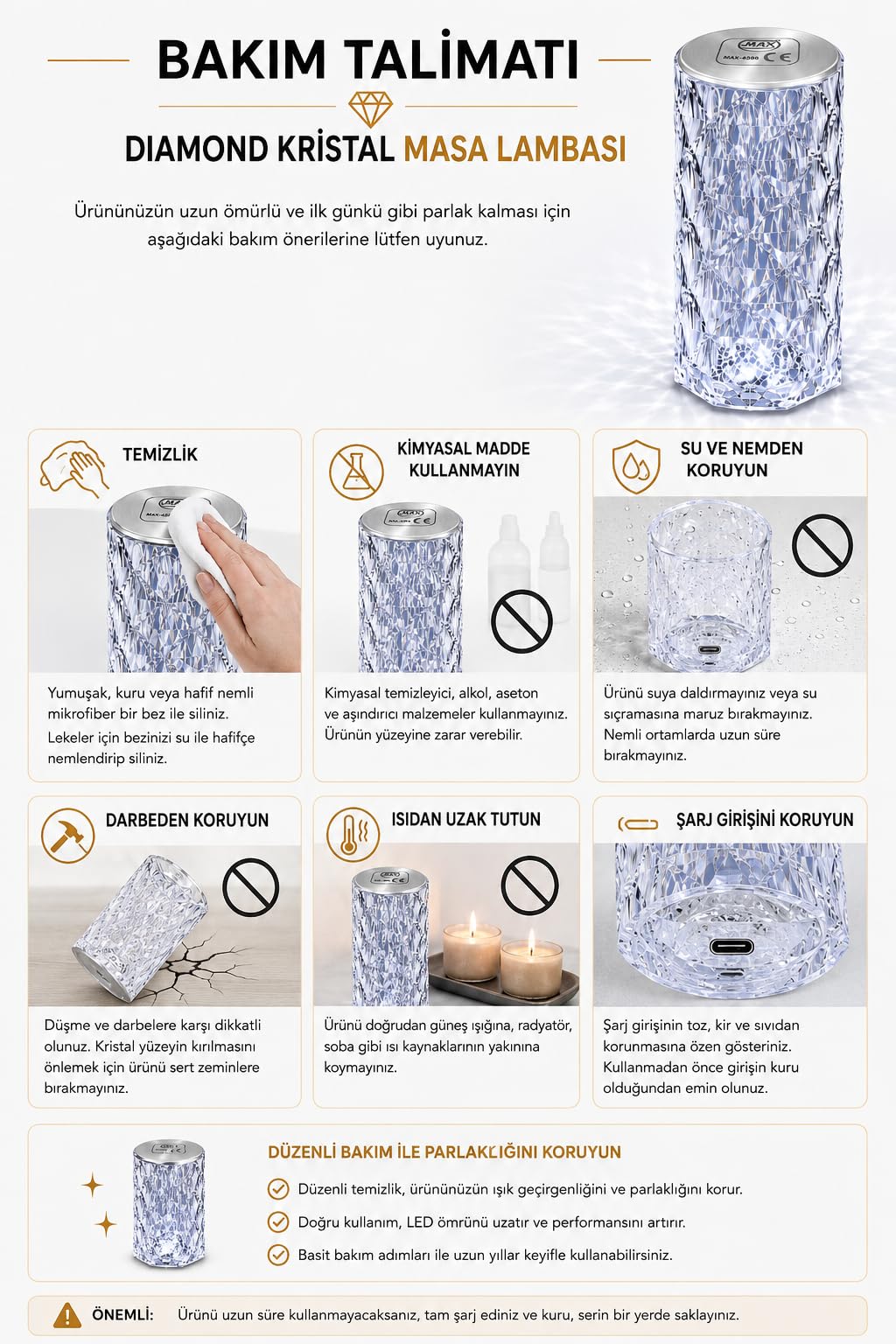 Led Şarjlı Masa Lambası, Kristal Masa Lambası, Dıamond Masa Lambası, Kablosuz, 3 Farklı renk Değişimi, Modern, Estetik, Taşınabilir, Karavan, Düğün, Nişan, Davet, Organizasyon, Bahçe Masa Lambası