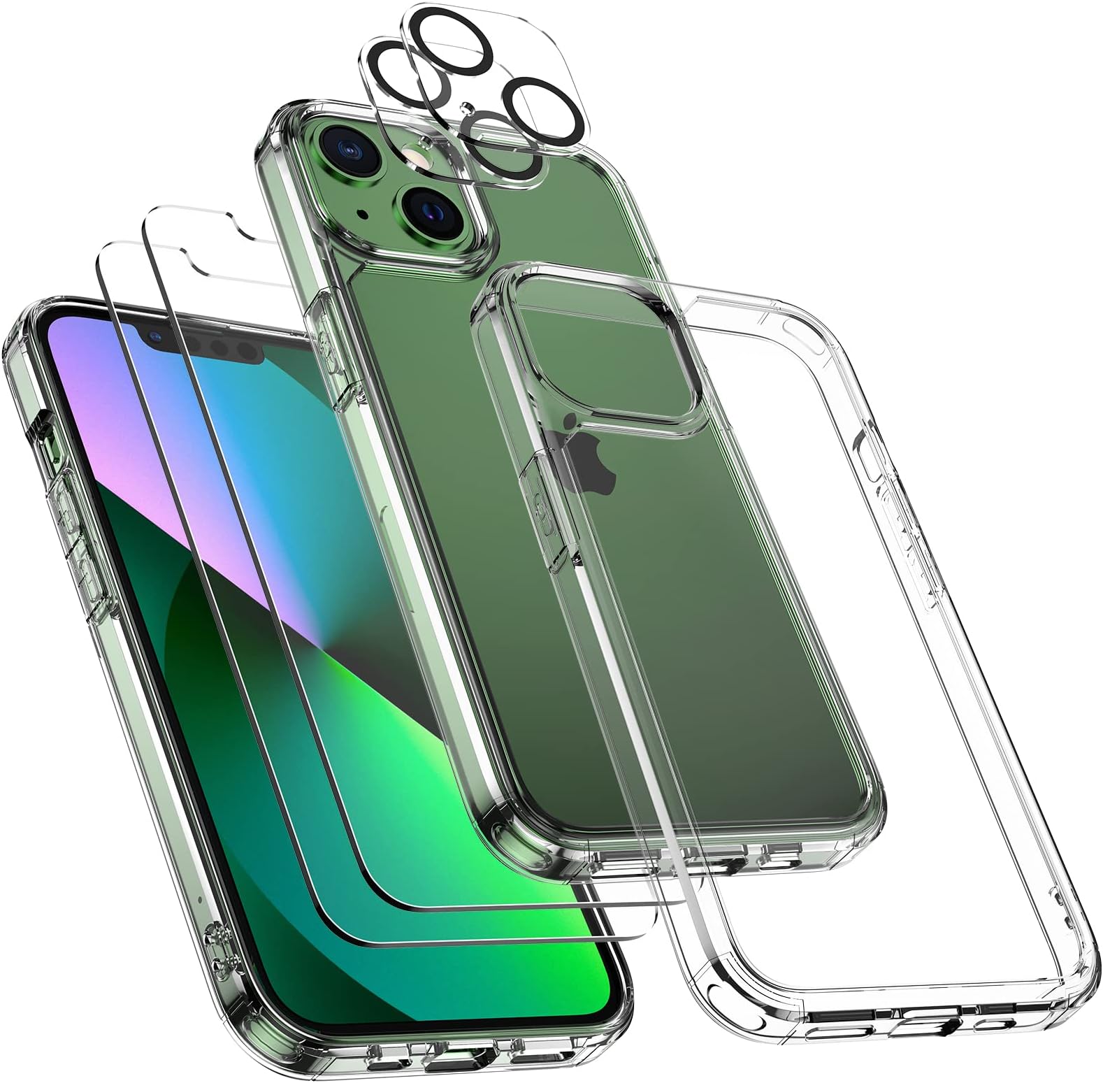 TOCOL 5 in 1 for iPhone 13 Case 6.1 Inch, with 2 Pack Tempered Glass Screen Protector + 2 Pack Camera Lens Protector, Slim Shockproof Cover [Drop Protection] [Never Yellow] Support Magsafe, HD Clear