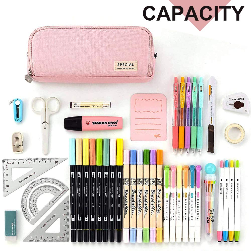 SeBeLi Pencil Case, Big Capacity 3 Compartments Canvas Makeup Cosmetic Pouch for Teen Boys Girls School Students Office (Pink) - Image 2
