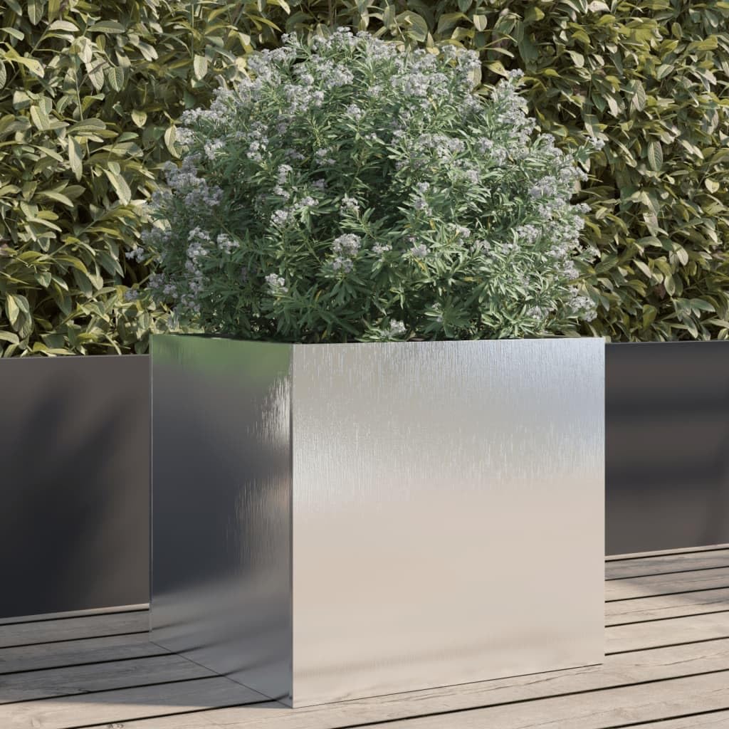 Homogen Pflanzkübel Silbern aus Edelstahl 42x40x39 cm mit Abflussloch und Untersetzer, wetterfest für Balkon, Terrasse, Wohnzimmer, Indoor und Outdoor Pflanzengefäß, dekorativer Blumentopf