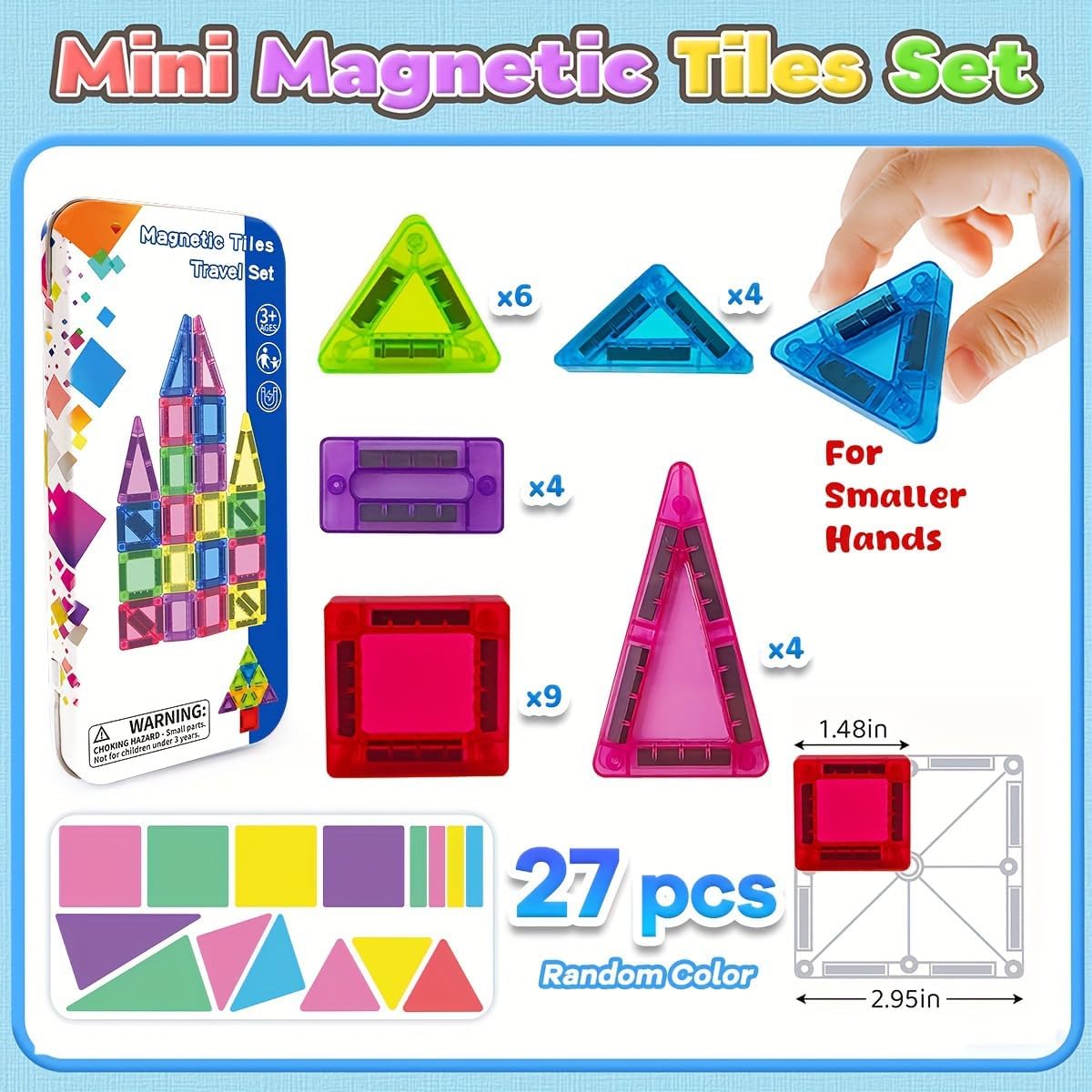 Mini Magnetic Tiles Toys, 27PCS Portable Magnetic Tiles with Storage Box, STEM Educational Building Blocks for Kids Ages 3 4 5 6 Toddler Gifts