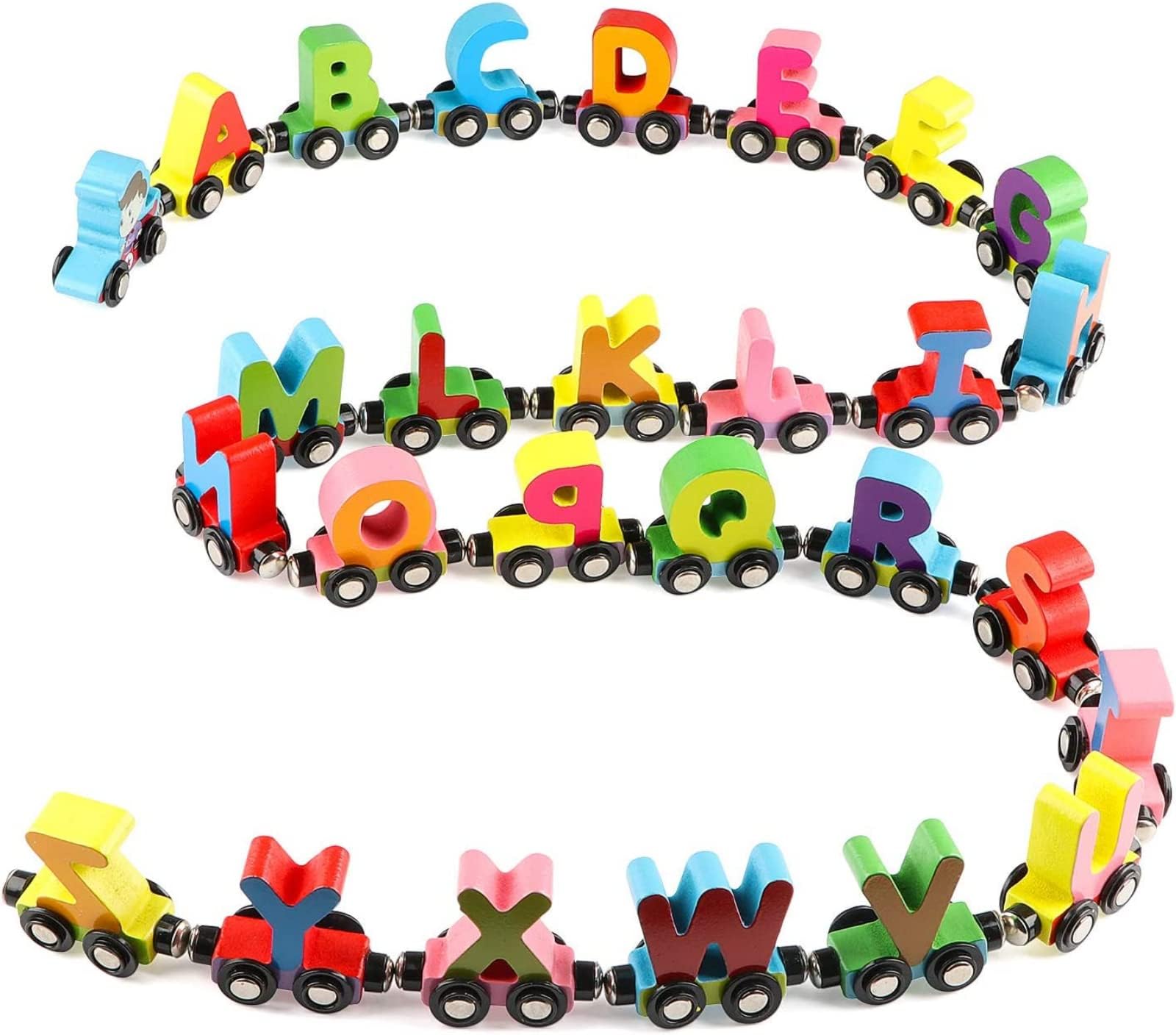 PYEBE27 PCS Wooden Alphabet Train Toy Wooden Magnetic Alphabet ABC Train Set Includes 1 Engine Letter Cars for Toddlers Boys and Girls, Compatible with Major Brands Train Set Tracks (Alphabet Train)