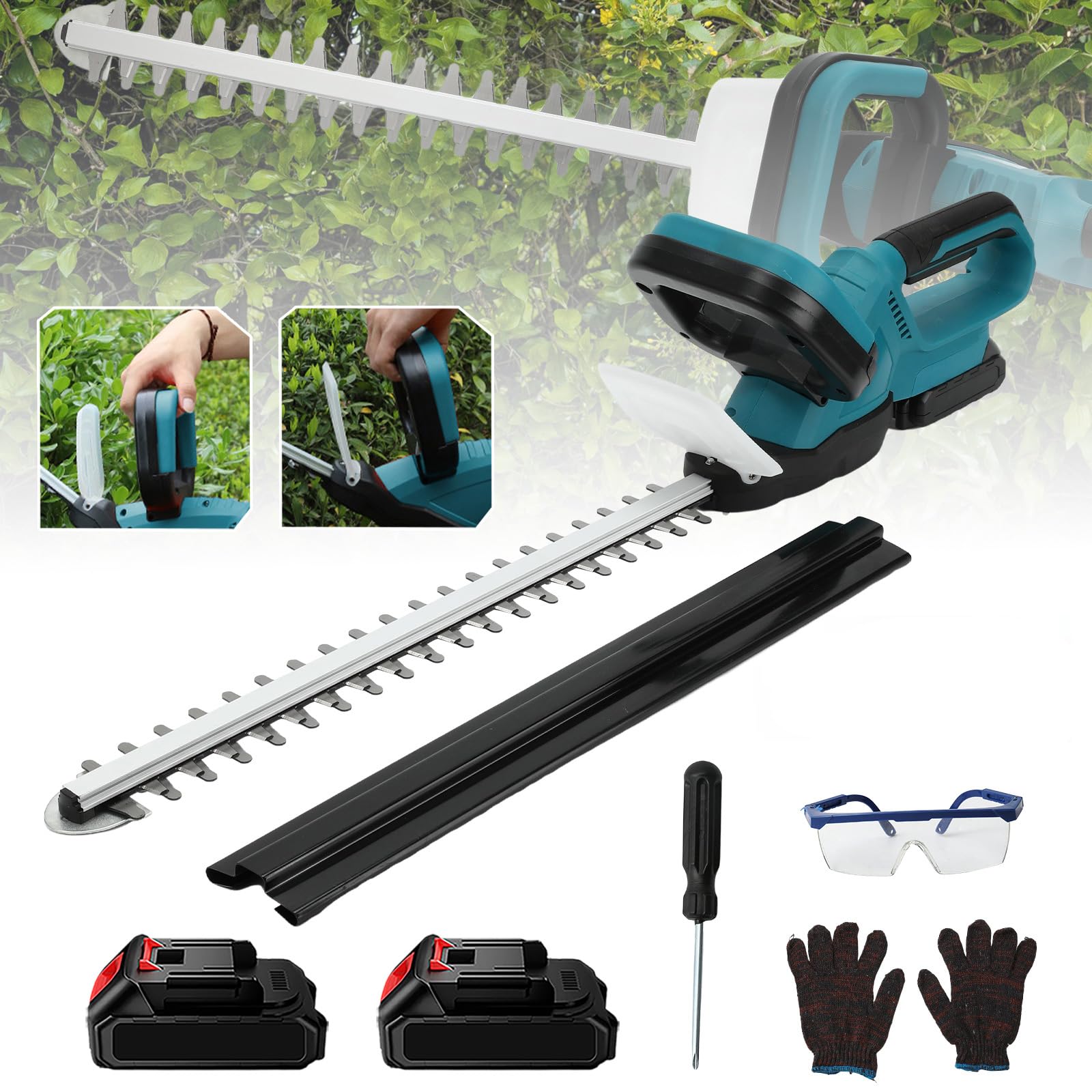 Cortasetos Batería,Corta Setos Jardín Eléctrico,Motor Sin Escobillas,Velocidad De 1350 RPM,Longitud De Cuchilla De 55 Cm,Ideal para Desherbar,Podar Árboles Y Arbustos (2 Baterías)