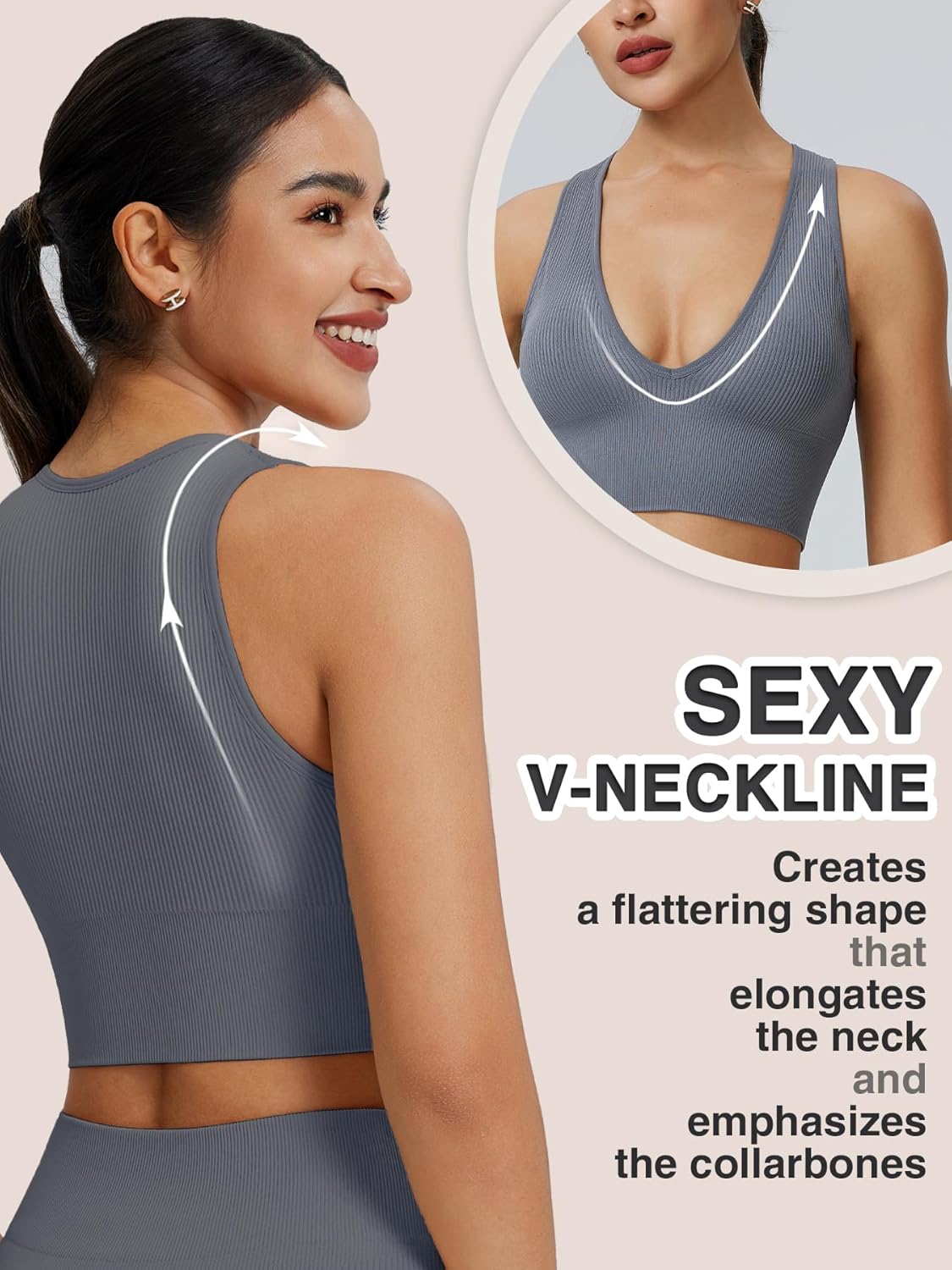 Longline Deep V Neck Sports Bra for Women Ribbed Crop Tank Top Full Back Removable Pads Wirefree Medium Support Yoga Bra - Image 3