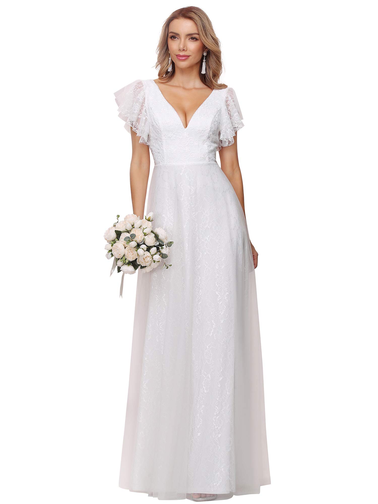 Ever-Pretty Encaje Tul Vestido de Fiesta A-línea Cuello en V Manga Corta Corte Imperio para Mujer 00857