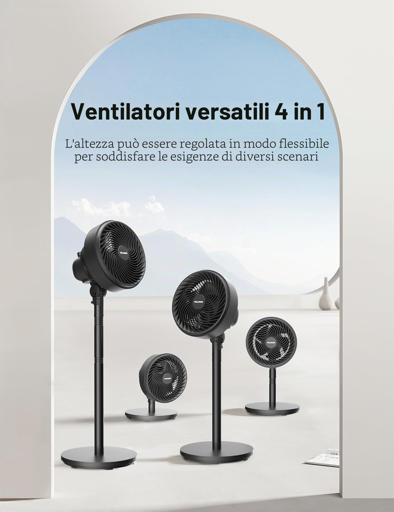 PELONIS Ventilatore a Colonna Altezza Regolabile 4 Livelli, Ultra Silenzioso con Oscillazione 90° & 3 Velocità per Camera, Ufficio