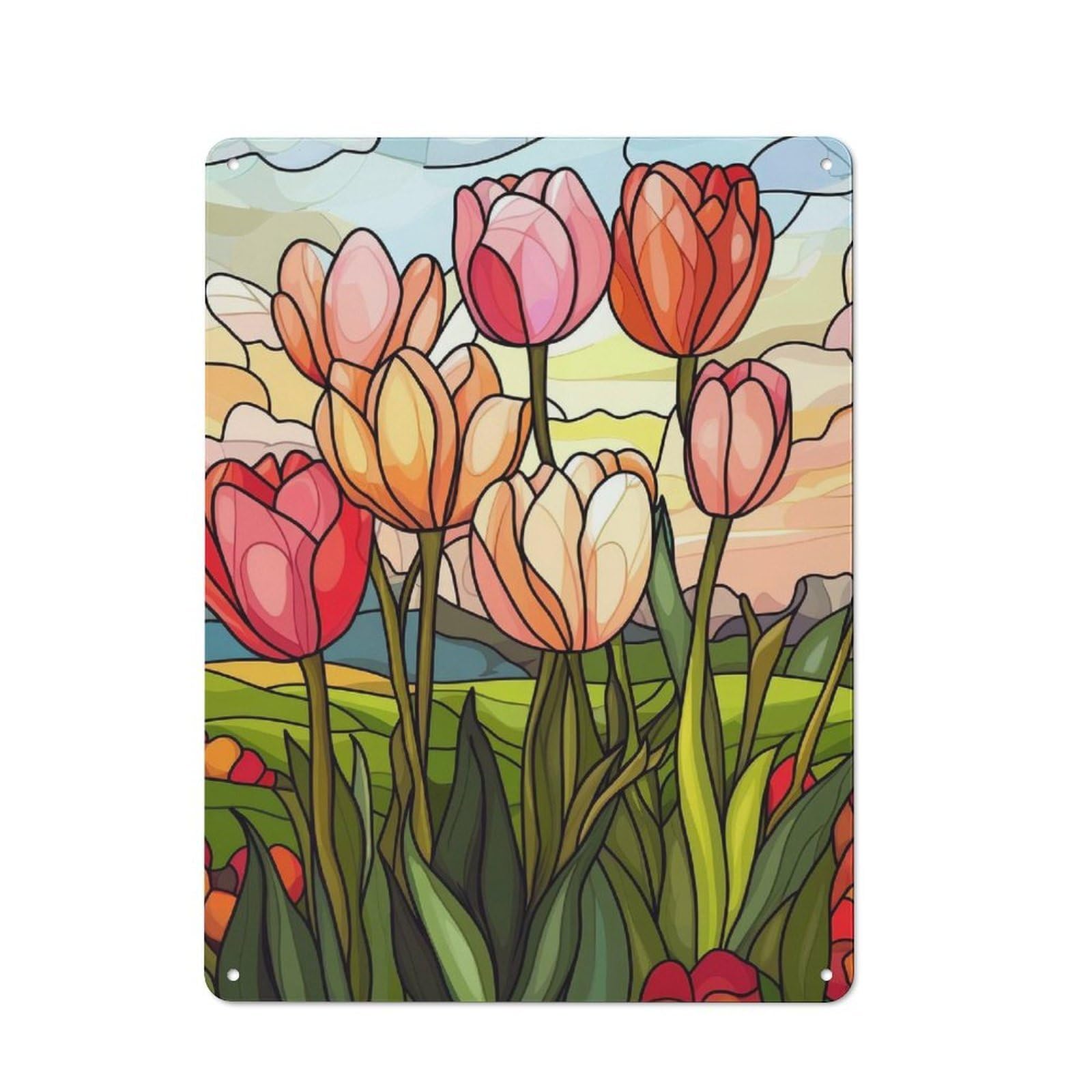 Junmoney Style-4 Shed Style Stained Glass Tulips Tin Sign 40X30cm, Utility Space Decor For Greenhouse, Garden Room, Cafe Or Entryway