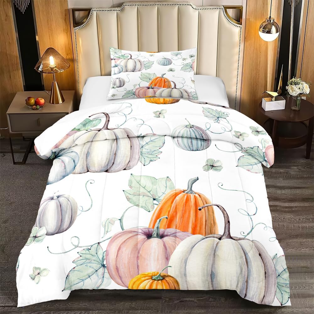 Autumn Watercolor Pumpkin Comforter Set Orange Floral Printed Quilt Bedding Set with 1 Comforter and 2 Pillow Covers for Bedroom Dormroom All Season Queen 90x90inches