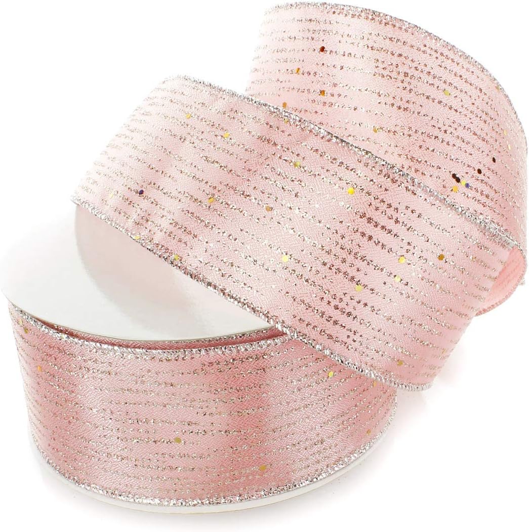 Ribbon Traditions Horizontal Glitter/Sequin Stripes Solid Wired Ribbon 2 1/2 Inch by 10 Yards - Rose Gold/Silver