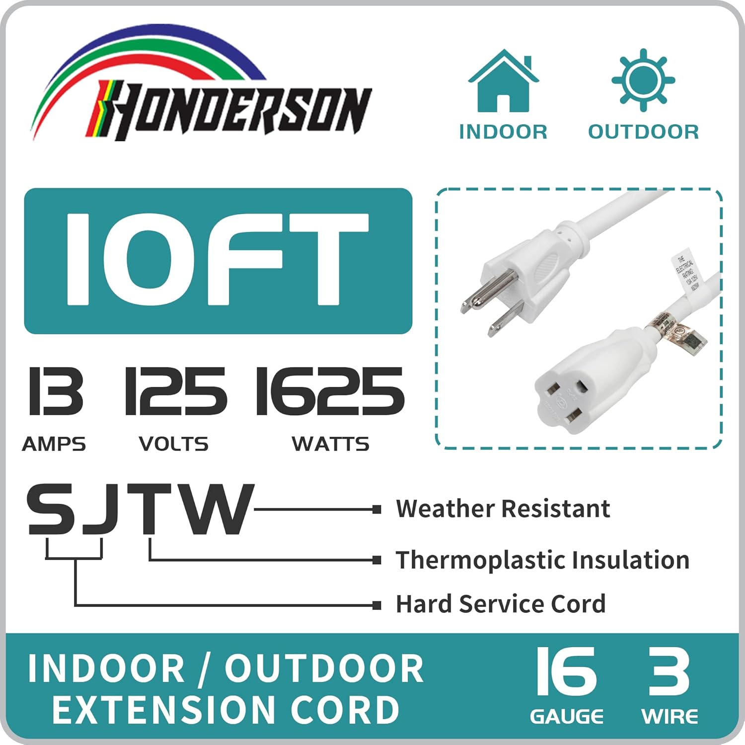 Indoor Outdoor Extension Cord Weatherproof, UL Certified, 16 Gauge 10FT White 3 Prong Heavy Duty, 16/3 SJTW 13A Power Cord for Outdoor Lights, Appliances, Lawn
