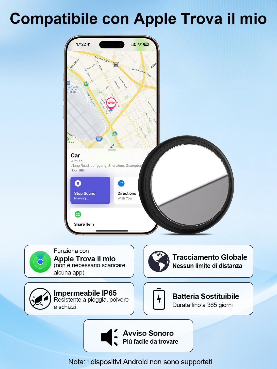 GPS Tracker per Auto, Localizzatore GPS Compatibile con A-pple Find My (solo iOS), Nessun Abbonamento Richiesto, Custodia Protettiva Magnetica, Impermeabile IP65, Batteria con Durata di 365 Giorni - 2