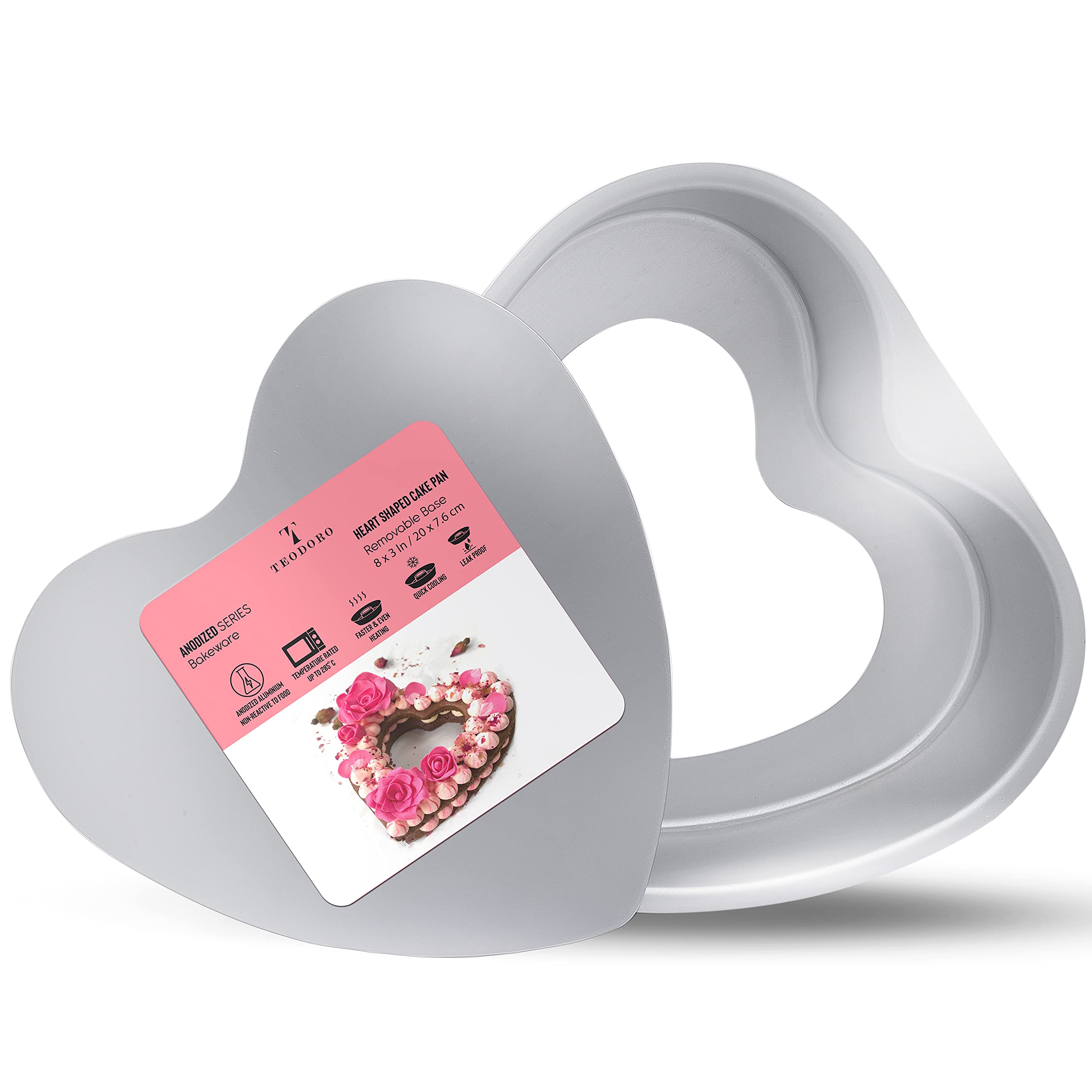 TEODORO Anodized Aluminum Baking Deep Heart Shaped Cake Pan/Mould/Tin with removable/1kg Cake/Loose Bottom/Base for Oven/Cooker 8 inches Size – Silver