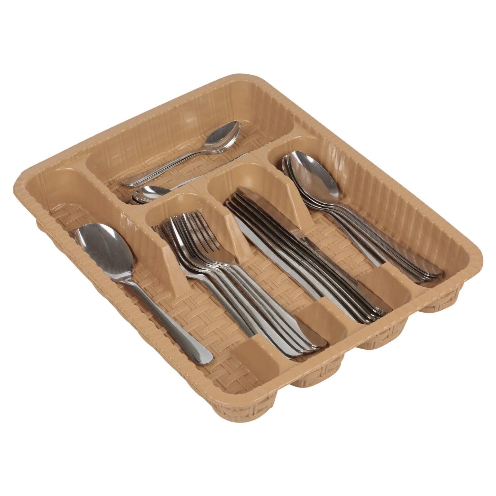 Urbnliving Beige Plastic Woven Rattan Cutlery Utensils Holder Flatware Drawer 5 Section Organiser (Beige)