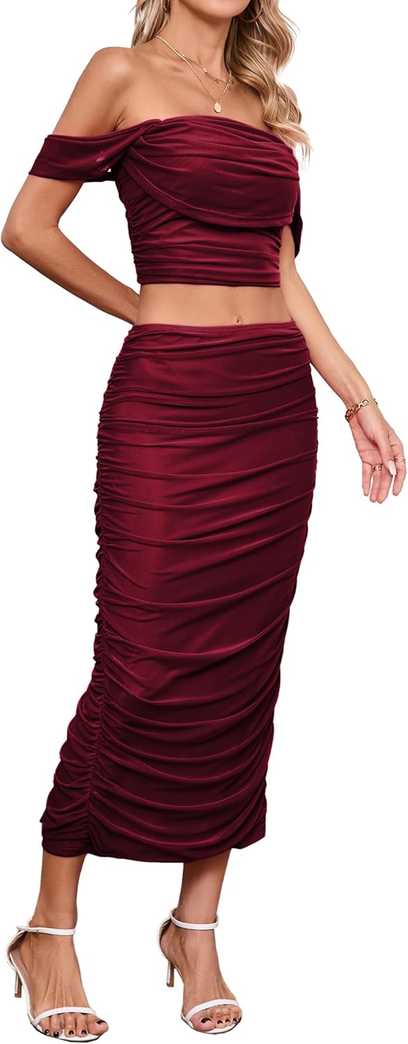Women's 2 Piece Sexy Mesh Off Shoulder Top & Ruched Bodycon Dress Sets with Back Slit - Image 4