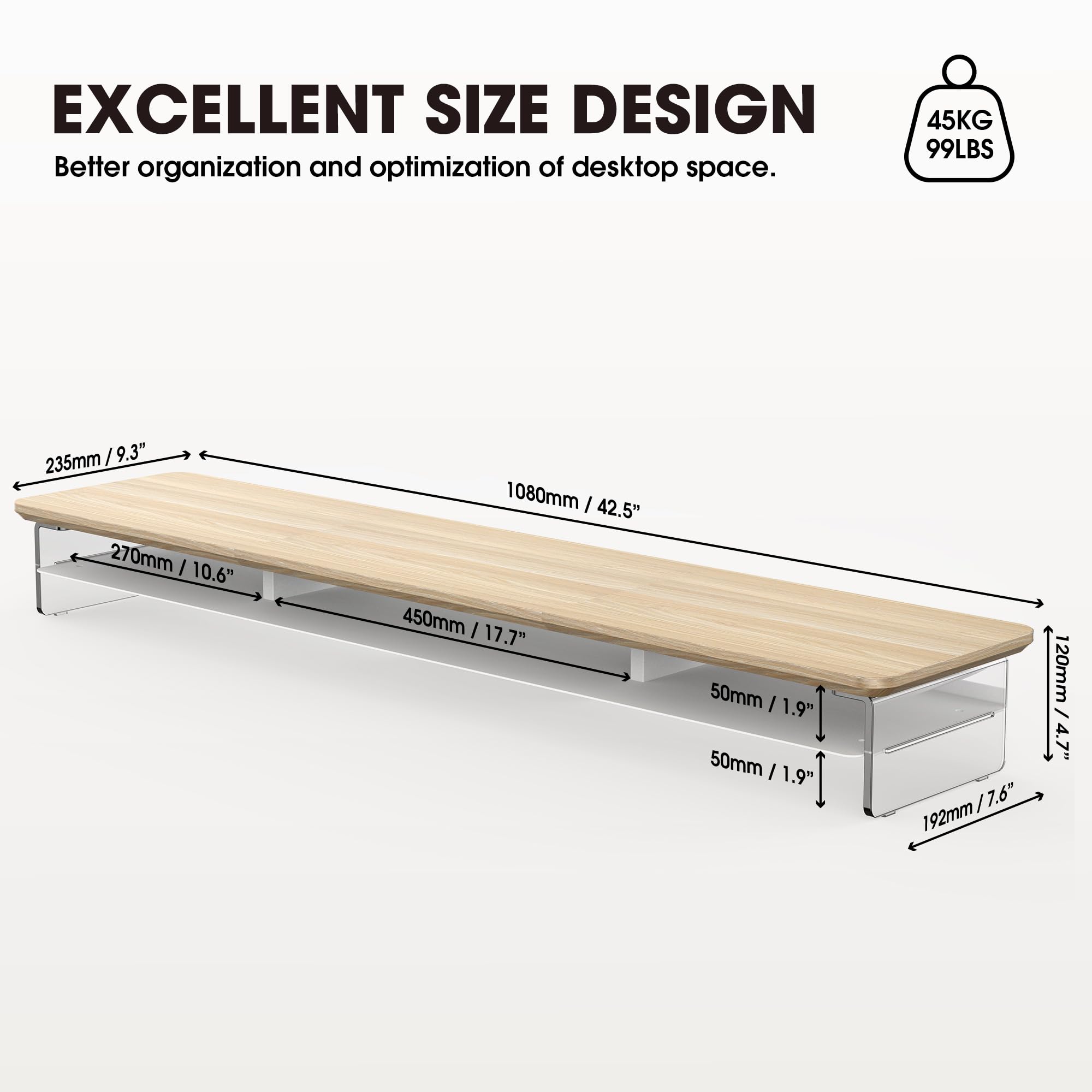 Fenge Support Écran PC Acrylique, Réhausseur Écran PC Bureau Bois et Métal, Adapté aux Ordinateurs, Écrans, TV, Ordinateurs, Imprimantes (Chêne, 108cm)
