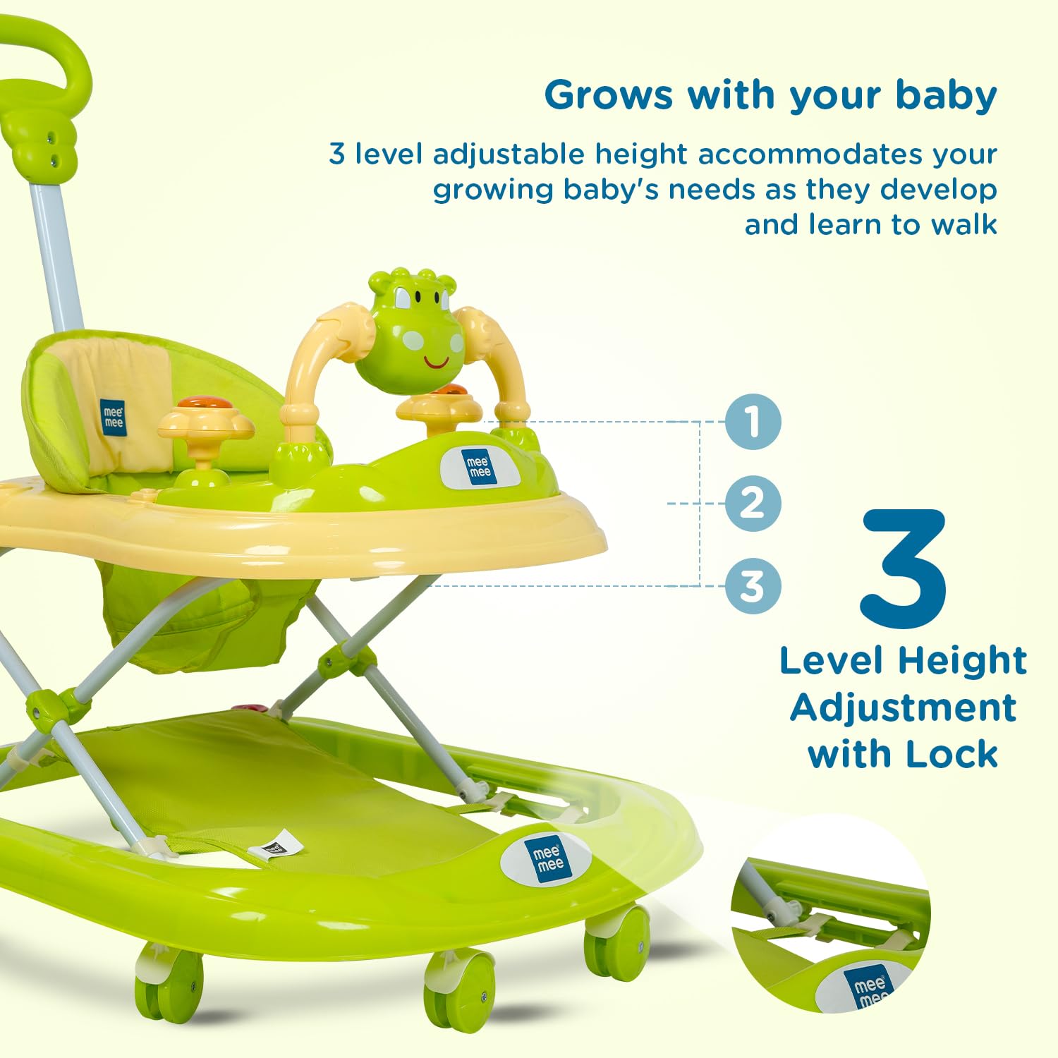 Mee Mee 360° Baby Activity Walker | 3 Level Adjustable Height, Foot Mat, Musical Detachable Toy Bar | Parental Push Handle, Anti-Rollover Folding Walker for Boys, Girls, Kids | 6-18 Months 15kg-Green - Image 7 thumbnail