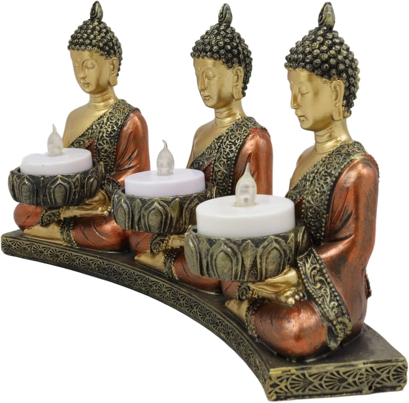 Ebros Trikaya Three Meditating Dipankara Shakyamuni Maitreya Buddhas with Ushnisha Votive Tea Light Candles Holder Statue 10.75" L Buddhism Bodhisattva Feng Shui Zen Buddha Candle Holders Figurine