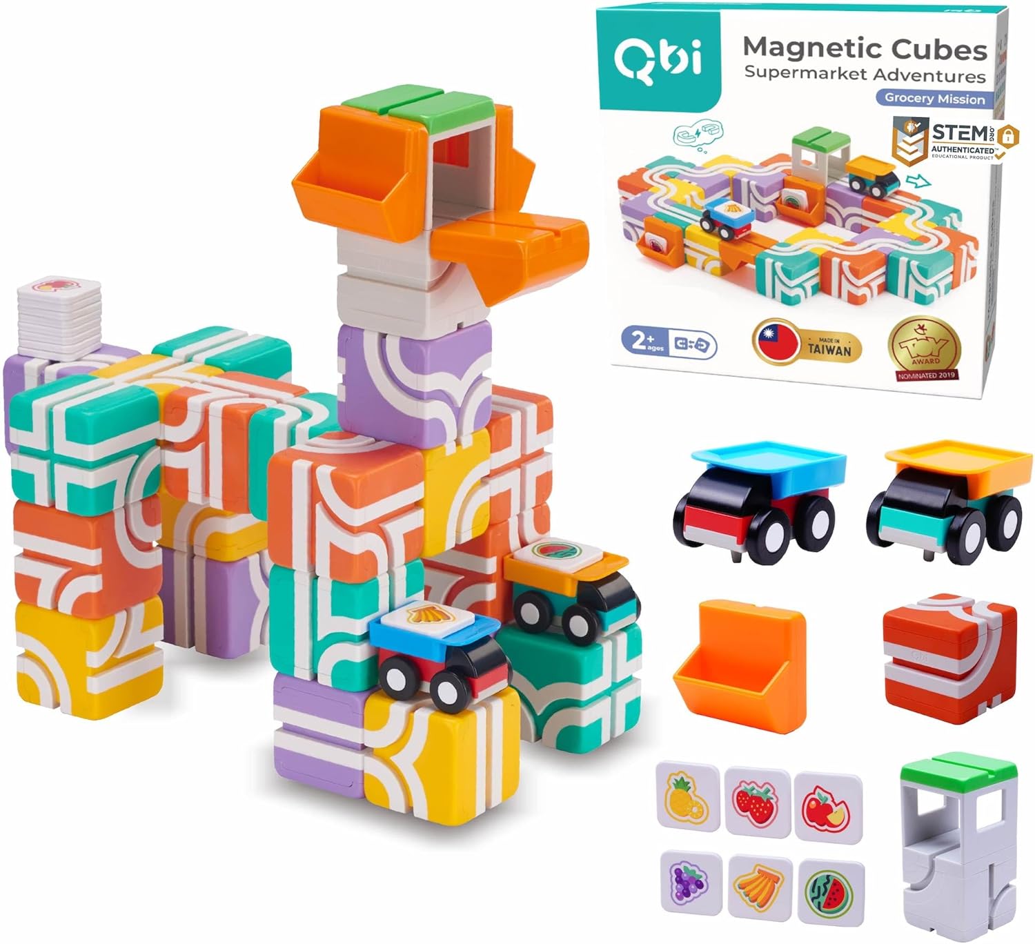 QBI Magnetic Blocks for Toddlers Ages 2-4 STEM Magnetic Building Blocks with Trucks & Fruit Tiles Montessori Magnet Building Cubes for Kids Educational Gifts for Boys & Girls Ages 2+ (32PCS)