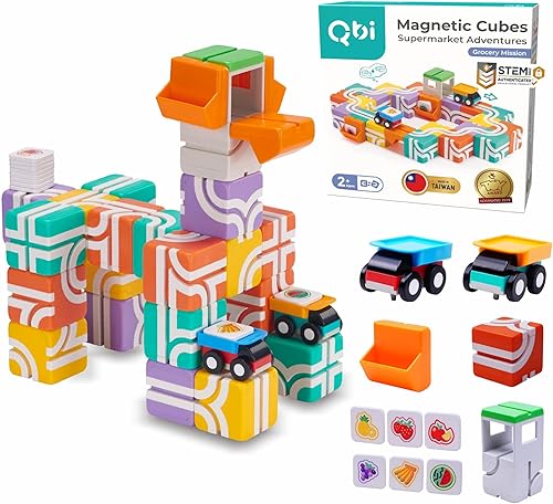 Miniatura 10 de QBI - Juego de bloques magnéticos de inicio 4 en 1 Bloques de construcción STEM con 4 autos y baldosas de pista 3D Juguetes magnéticos