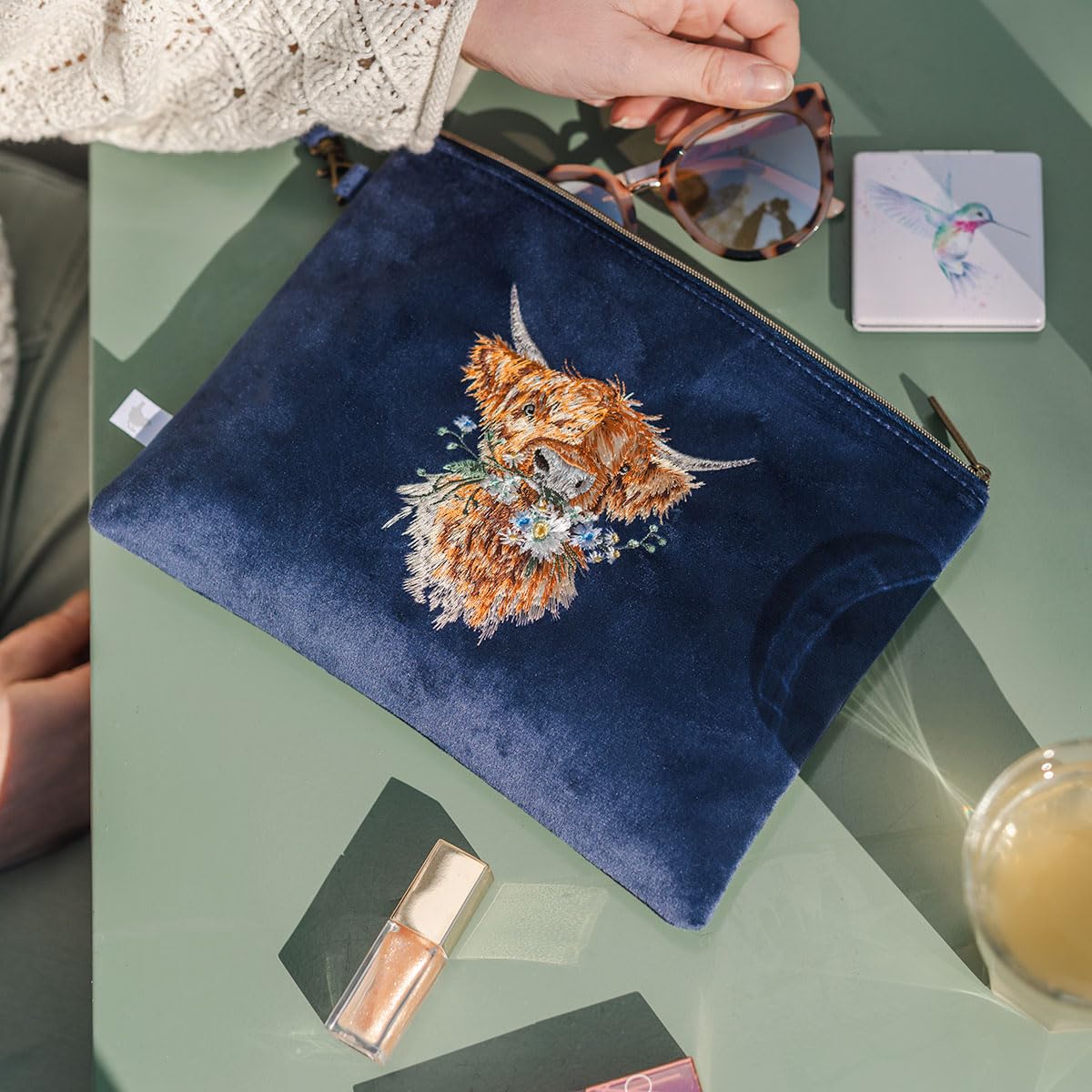 Wrendale Designs by Hannah Dale 'Daisy Coo' Highland Cow Embroidered Pouch, Navy - Image 2