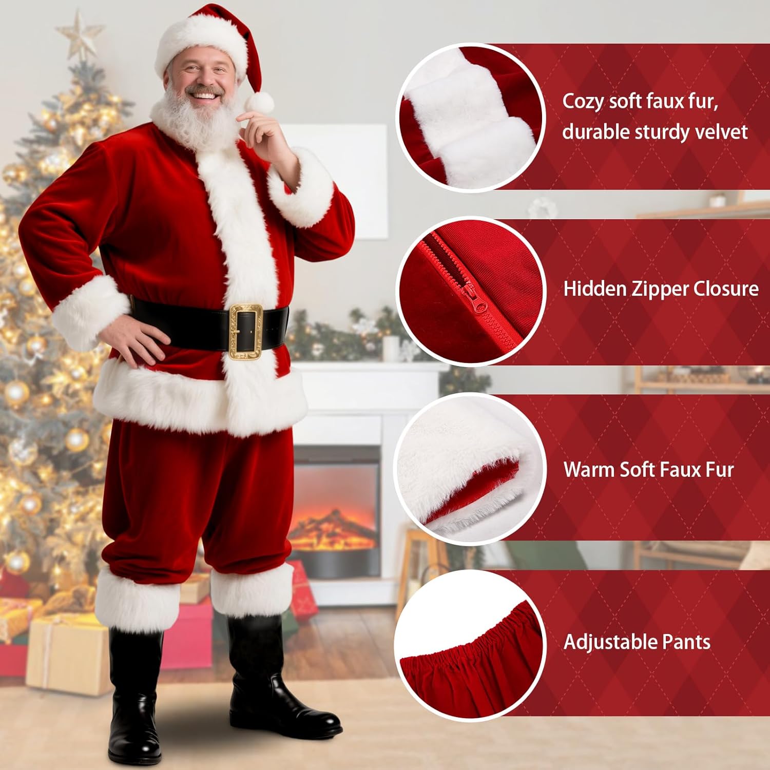 Santa Claus Costume for Men, Santa Suit Deluxe Professional 9PCS Santa Costume Adult for Christmas Holiday Party - Image 4