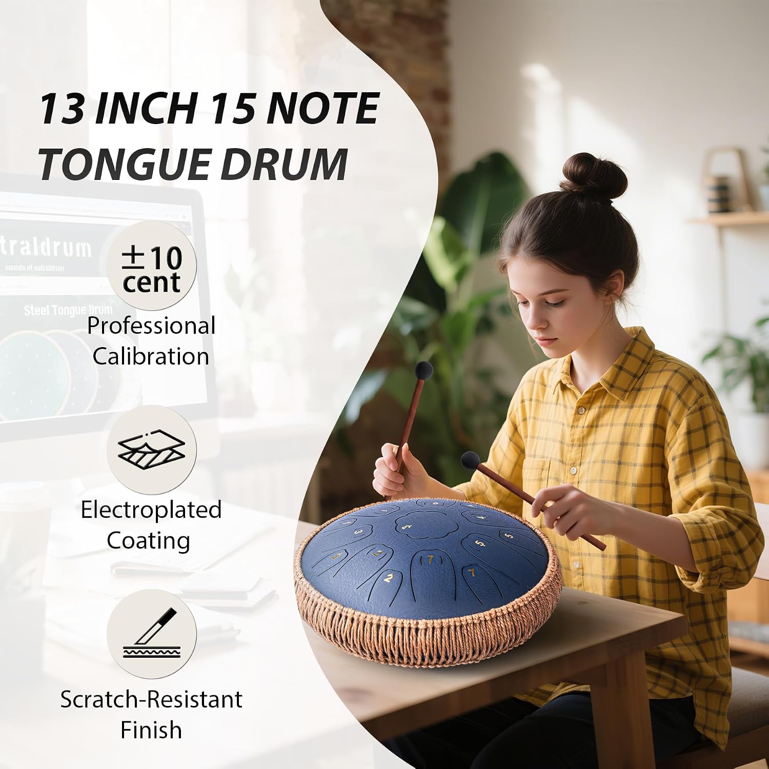 Steel Tongue Drum, 13 Inch 15 Notes Tongue Drums, C Key Handpan Drum Instruments for Kids Adults, Steel Drum with MusicBook, Drum Mallets and Carry Bag (Navy Blue)