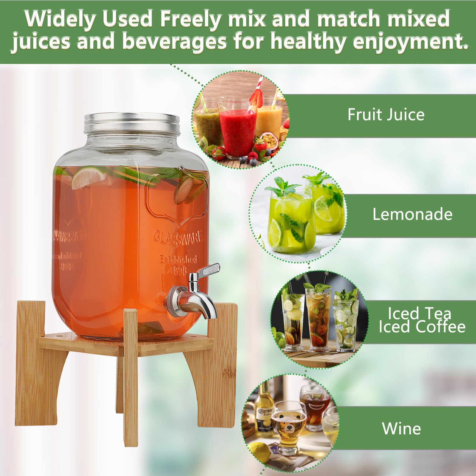 4L Distributeur de Boissons en Verre avec Robinet Support, bonbonne de Jus de Fruits avec robinet pour BBQ, jarre cocktail, fêtes à la piscine et réunions de famille pendant les vacances