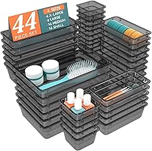 WOWBOX 44 PCS Clear Plastic Drawer Organizer Set, 4 Varied Size storage Bins and Desk Drawer Organizer Trays for Makeup, Gadgets, Jewelry and Utensils in Bathroom, Bedroom and Office, Clear Black