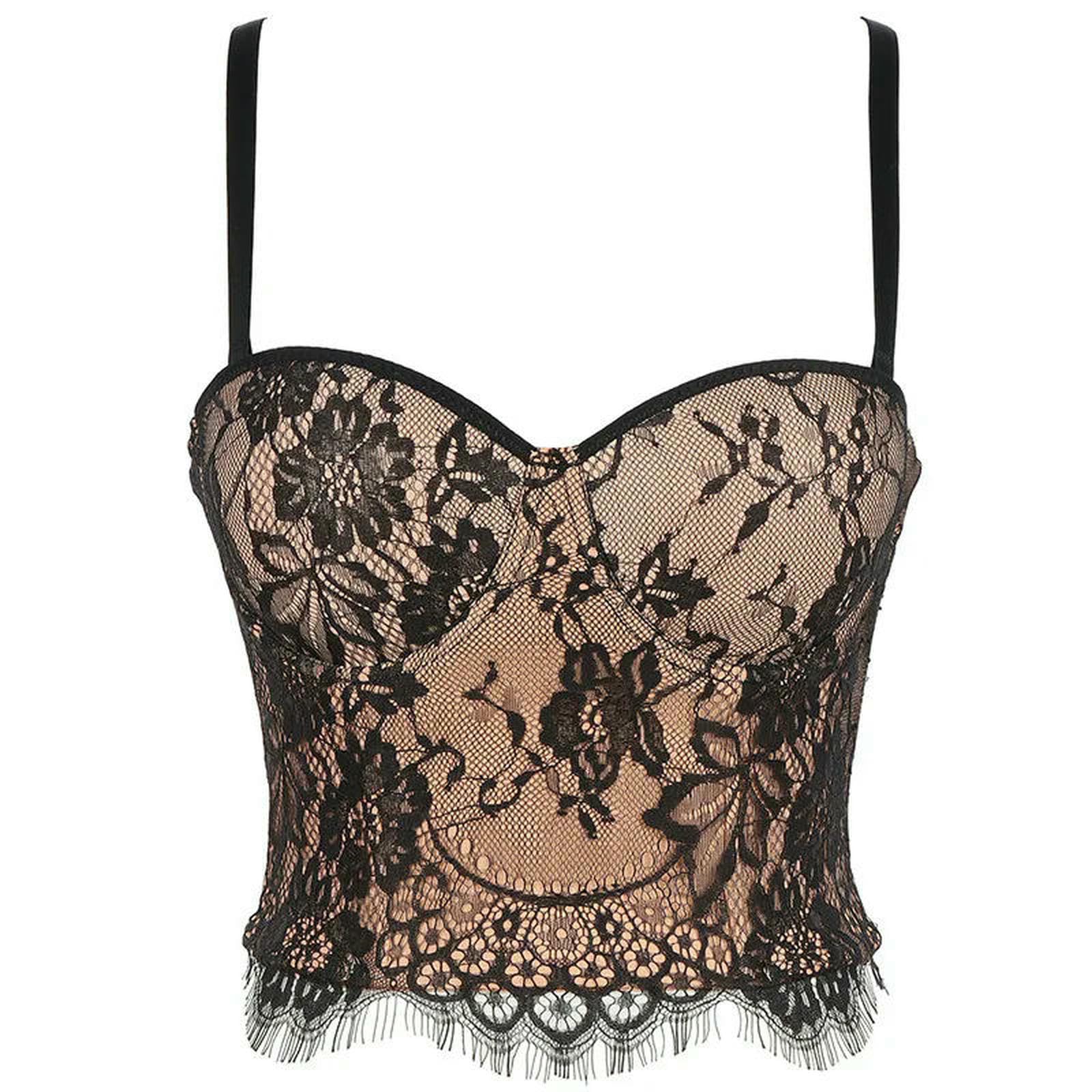 Ceinture amincissante Femme Corsetto da Donna Sexy in Pizzo Modellante Elegante Floreale Lady Bustier Ragazze Abiti Sera Slim Colture Club Party Body Shaper Top-Corto Nero-34