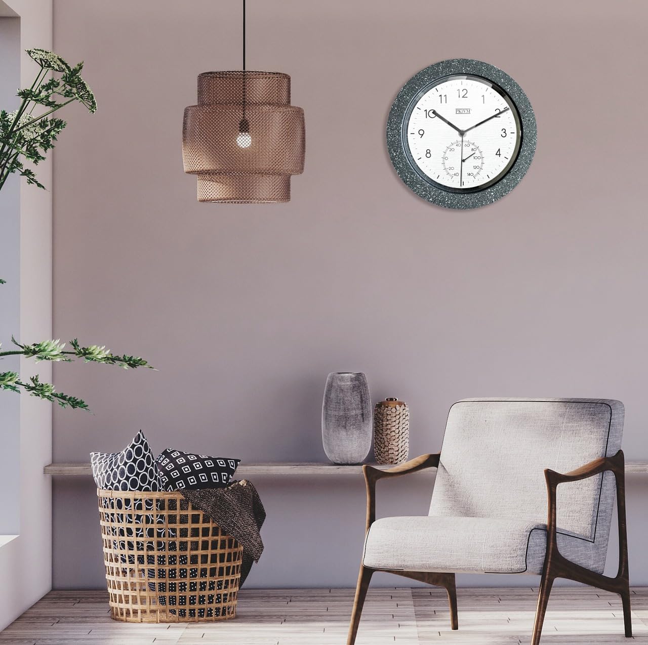 9.8 inch Indoor Faux Concrete Finish Wall Clock with Thermometer Battery Operated Round Clock. Decorative Clock for Home/Office/School