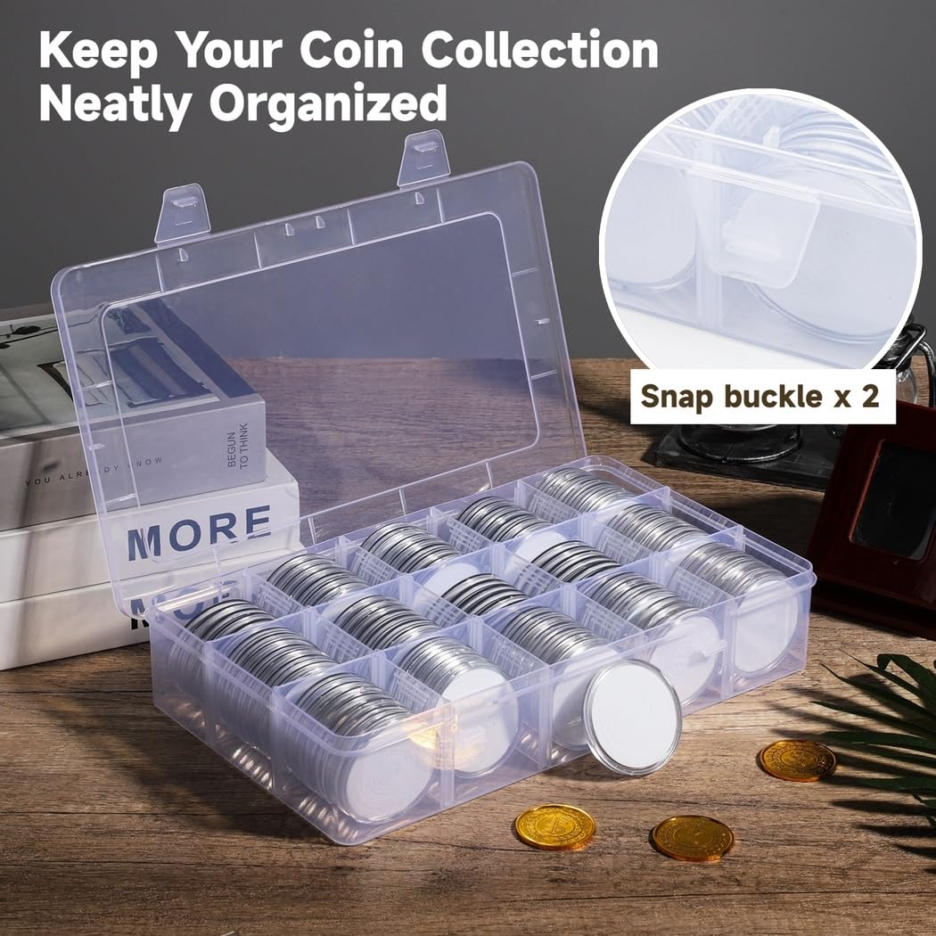 100 cápsulas de monedas, soportes transparentes para colección de monedas con juntas ajustables y caja de plástico, cajas acrílicas plateadas para monedas de 1.68, 2, 2.49, 2.69, 3, 3.8, 4.60
